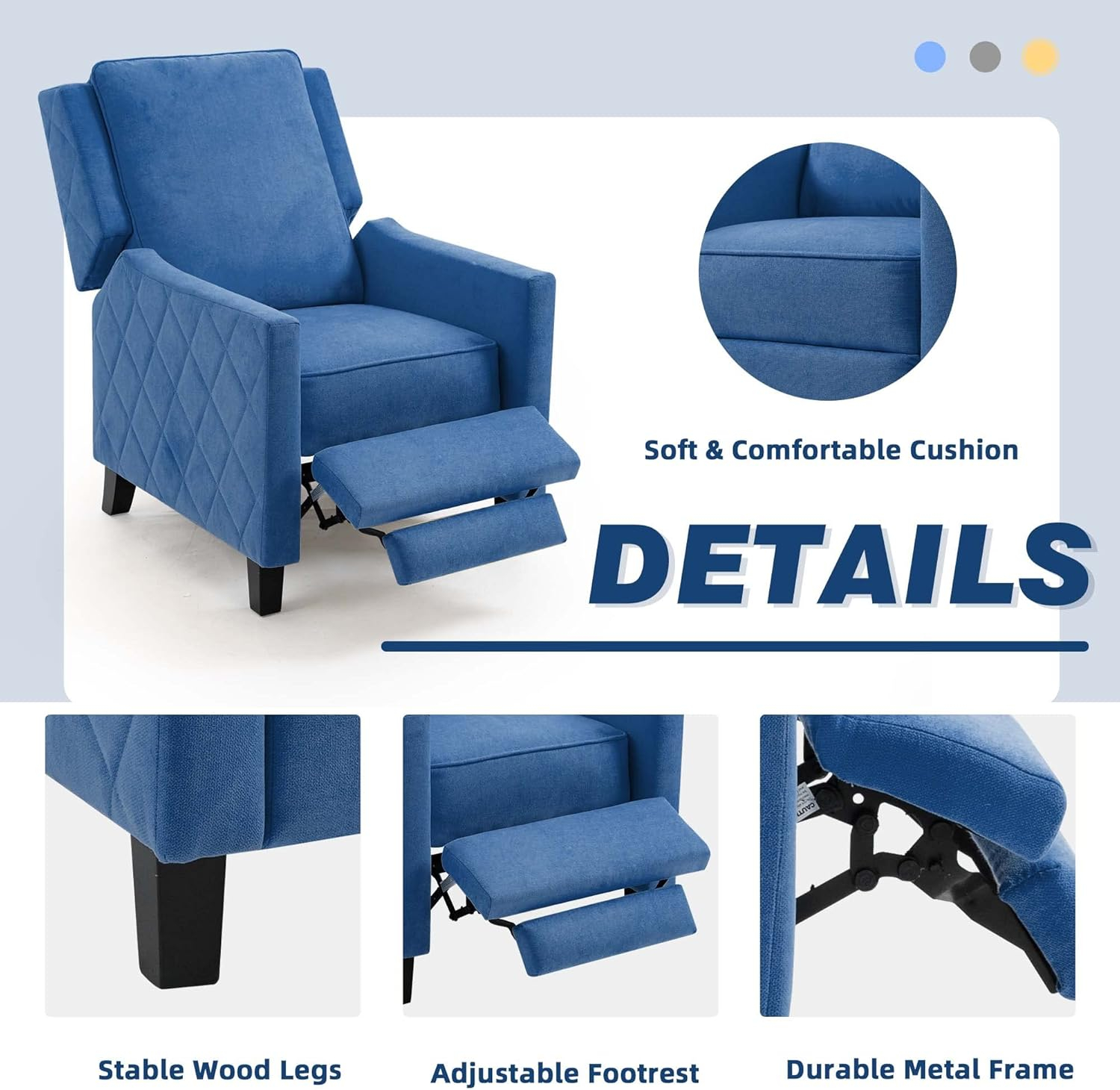 AVAWING Push Back Recliner Chair, Wing Back Chairs with Arms, Mid-Century Vintage Accent Chair for Living Room, Polyester, Blue