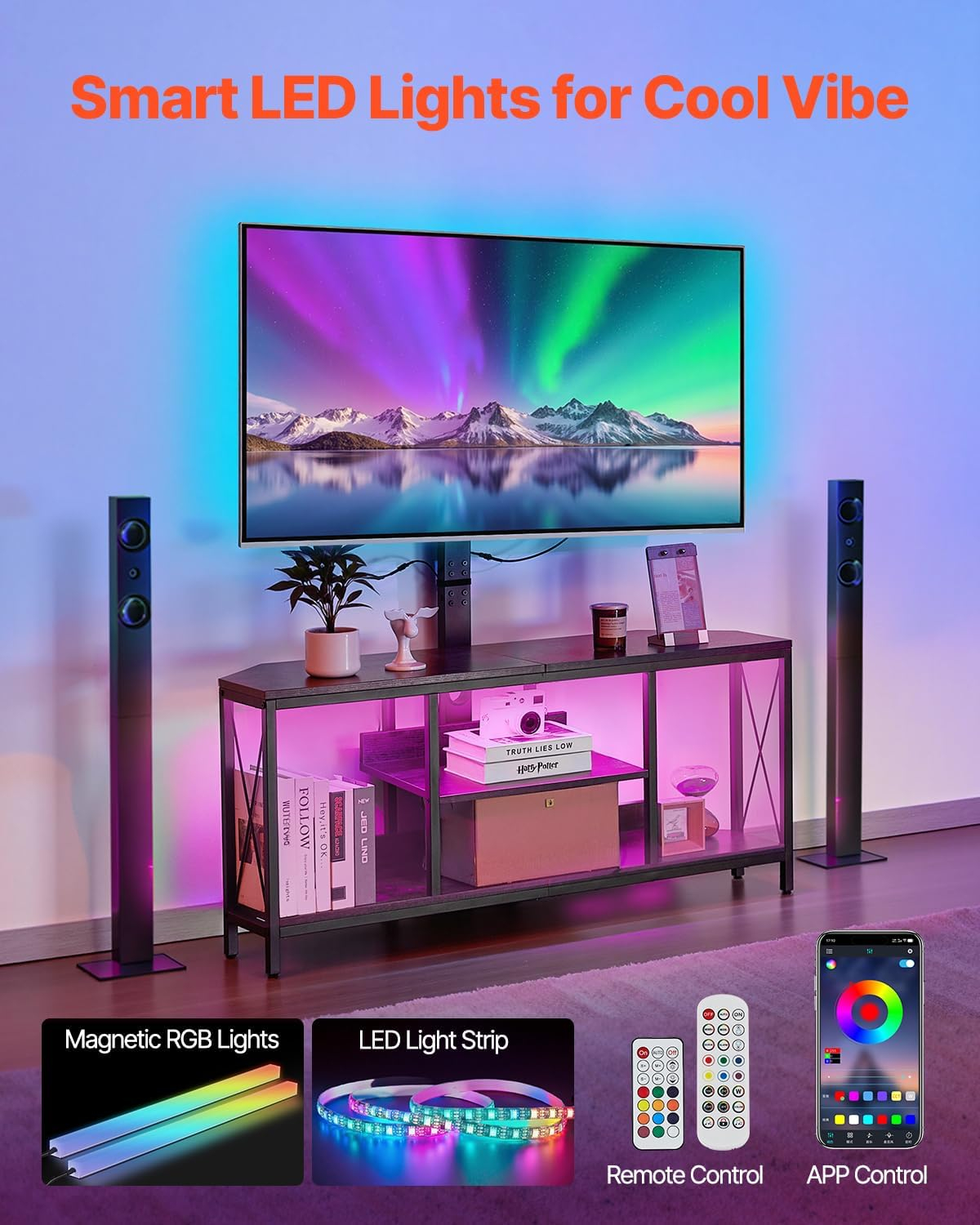 VEVOR 45" TV Stand with Mount for up to 75 in TVs, Entertainment Center with Power Outlet & LED Lights, Height Adjustable TV Console with Mount with 3 Tiers Storage Cabinets for Bedroom, Living Room