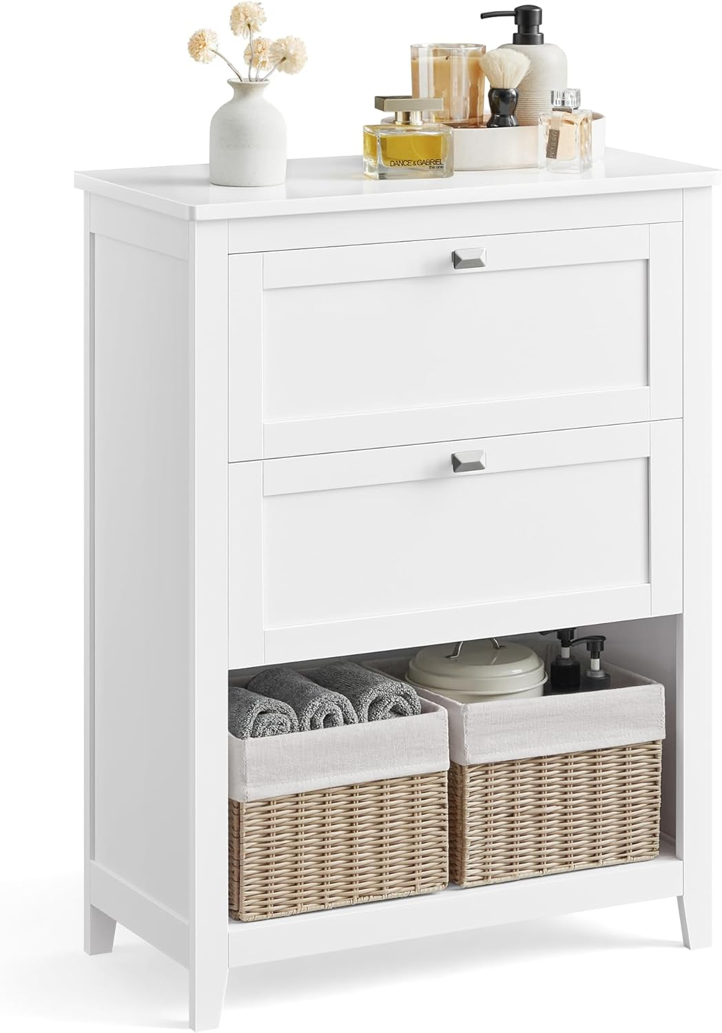 VASAGLE Storage Cabinet, Freestanding Floor Cabinet, 2 Drawers with 1 Set of Adjustable Divider, 2 Baskets, Sideboard, 11.8 x 23.6 x 31.5 Inches, for Bathroom, Living Room, Cloud White UBBC545W02