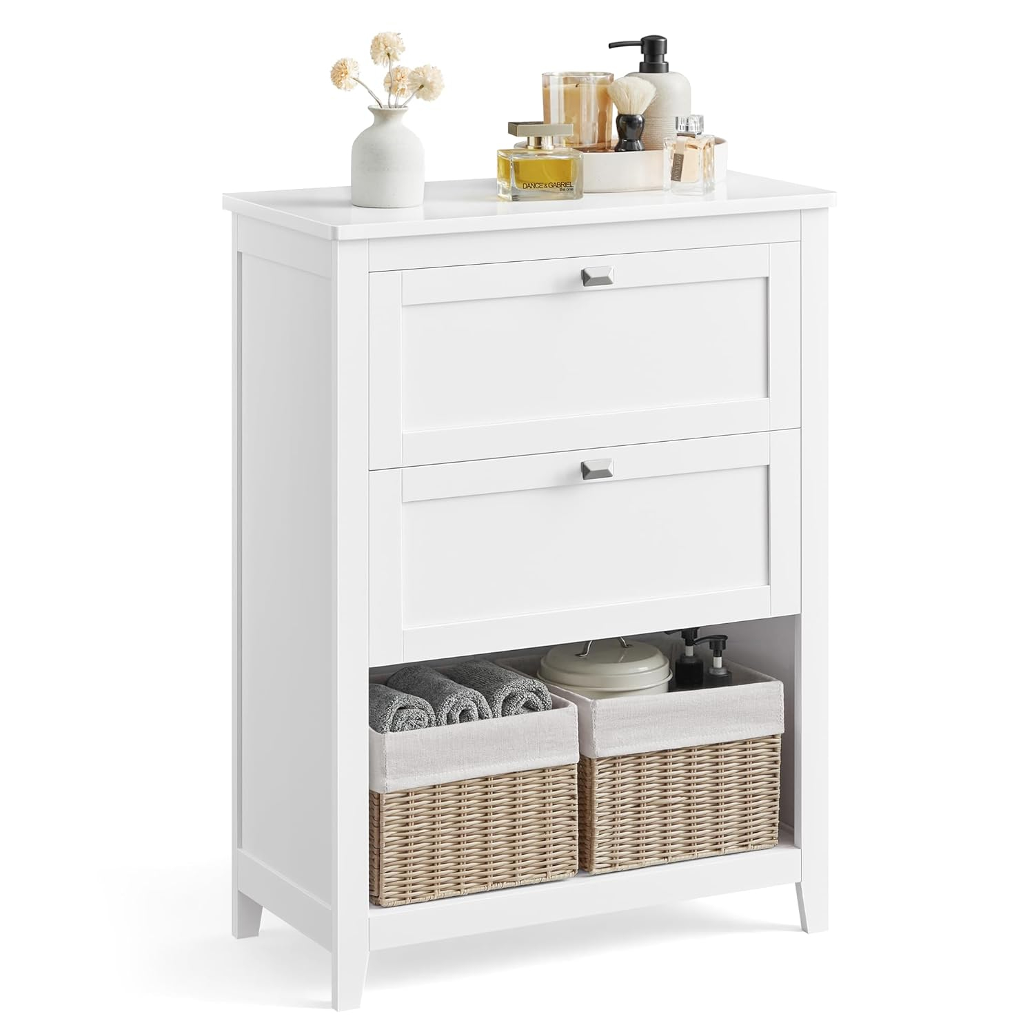 VASAGLE Storage Cabinet, Freestanding Floor Cabinet, 2 Drawers with 1 Set of Adjustable Divider, 2 Baskets, Sideboard, 11.8 x 23.6 x 31.5 Inches, for Bathroom, Living Room, Cloud White UBBC545W02