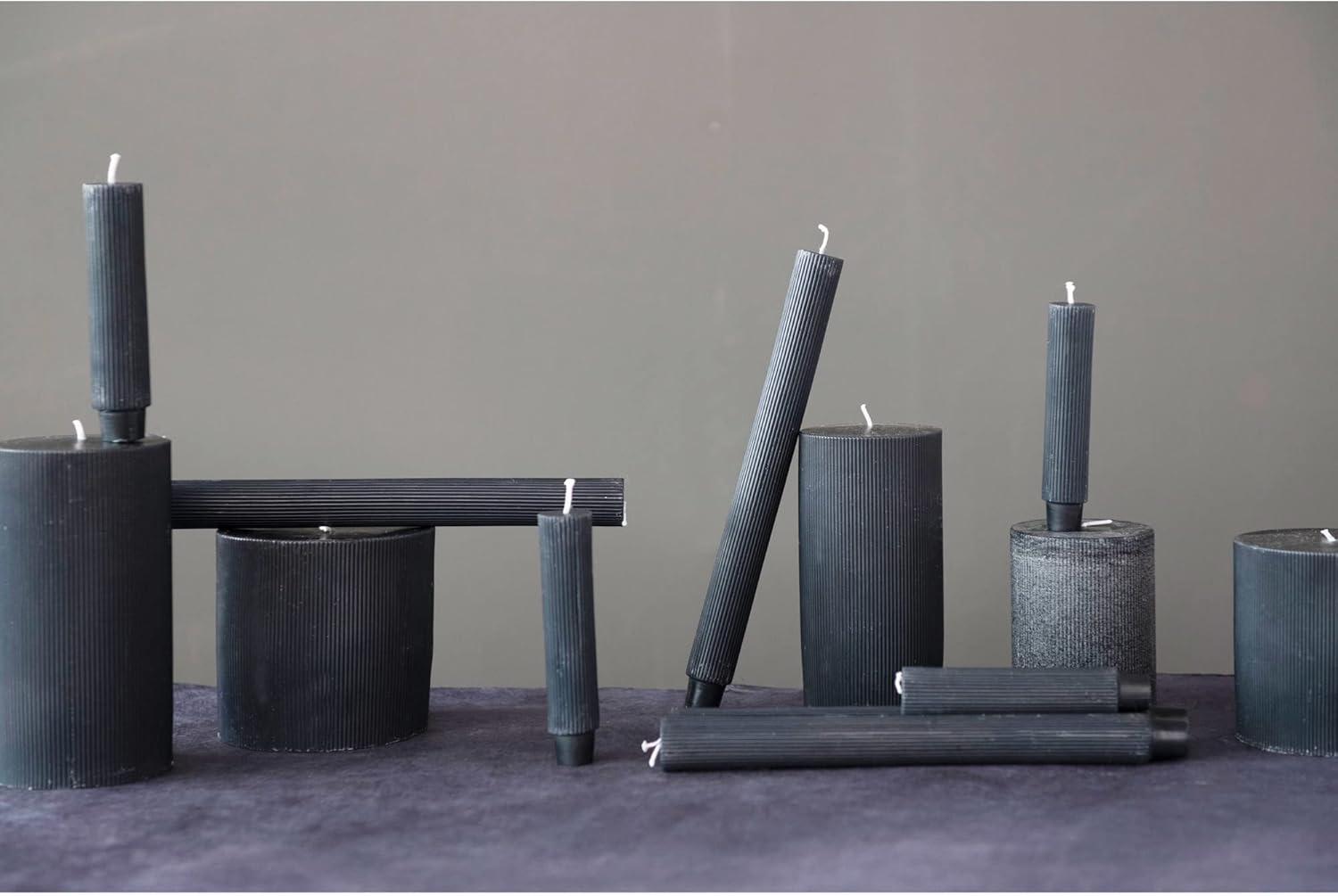 Unscented Pleated Pillar Candle in Powder Finish, Black Noir