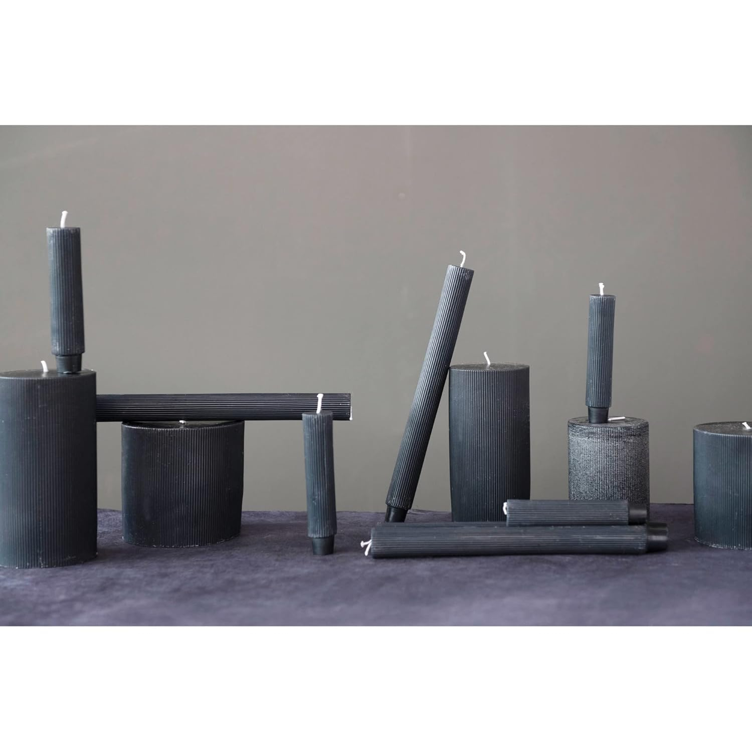 Unscented Pleated Pillar Candle in Powder Finish, Black Noir