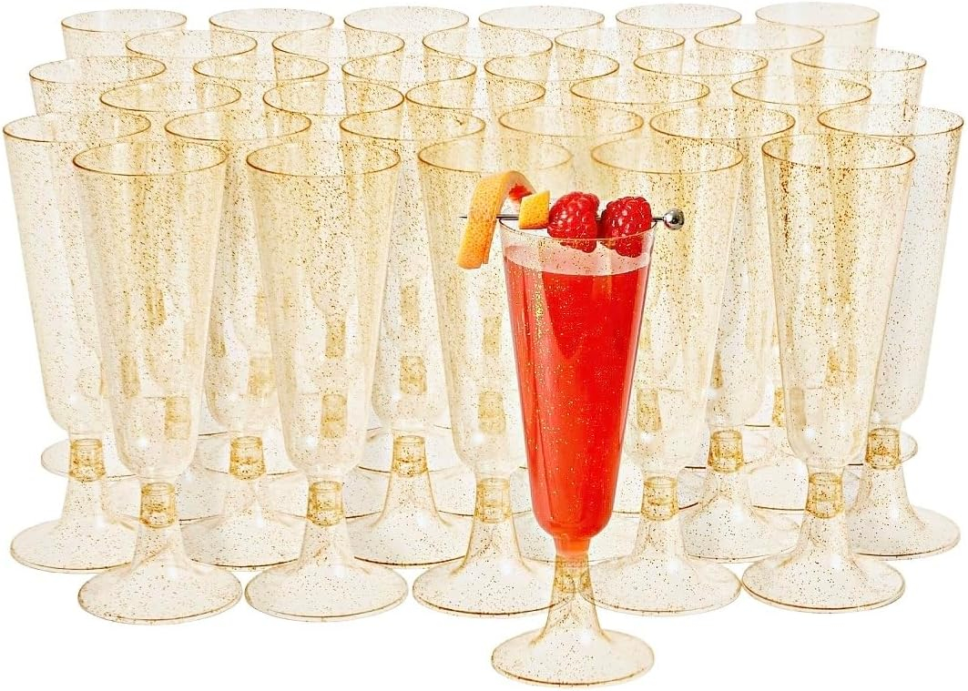 MATANA 50 Premium Plastic Champagne Flutes, Gold Glitter, 5oz - Reusable Champagne Glasses, Cocktail Glasses, Mimosa Glasses for Cocktails, Dessert, Wine - Toasting Glasses for Parties, Weddings