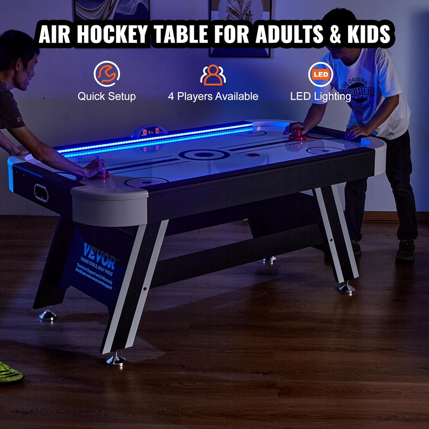 VEVOR 72" Air-Powered Hockey Table, Indoor LED Hockey Game Set with 2 Pucks, 2 Pushers, and Electronic Score System - Ideal for Kids, Adults, and Family Game Rooms
