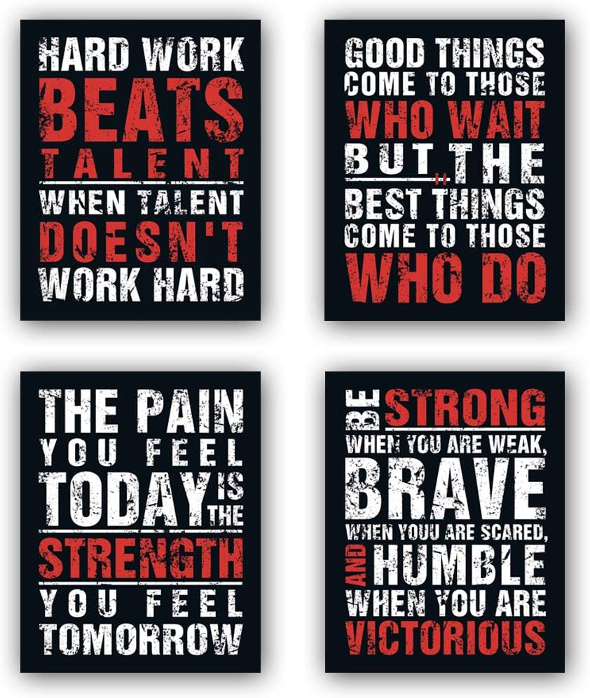 HPNIUB Inspirational Quotes Art Prints, Set of 4 (8”X10”), Chalkboard Motivational GYM Wall Art Poster, Hard Work Painting Be Strong Be Brave Wall Art for Classroom Kids Teens Bedroom Office, No Frame