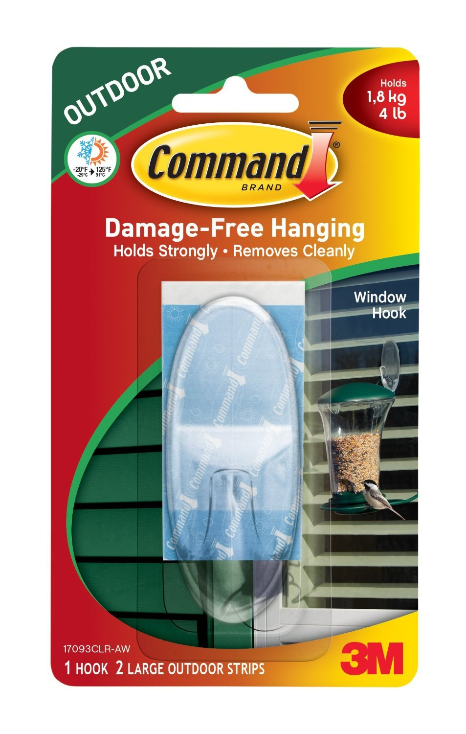 Command 17093CLR-AWES Window Hook, Outdoor, Foam Strip, Clear, Large - Quantity 4