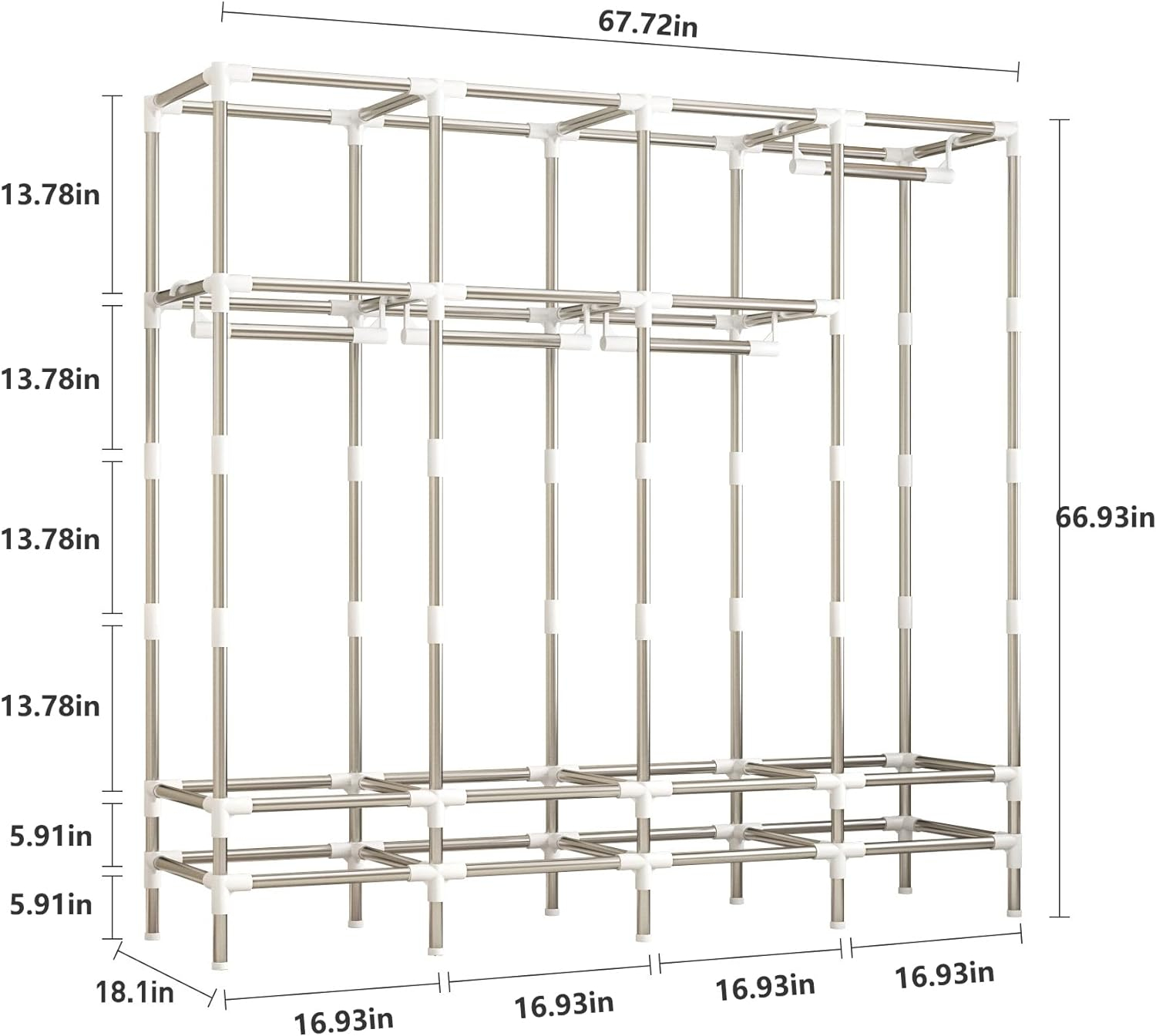 Large Portable Wardrobe with 4 Hanging Rods and Drawers, Armoire, Metal Storage Wardrobe Hangers, Upgraded Grey Non-Woven Dust Cover for Handing Closet,Large Closets for Bedroom