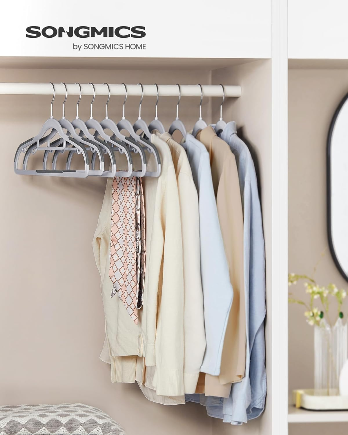 SONGMICS Pack of 30 Coat Hangers, Space-Saving Plastic Clothes Hangers, Non-Slip, 0.2 Inches Slim, 16.5 Inches Wide, 360° Swivel Silver Hook, Light and Dark Gray UCRP20G30