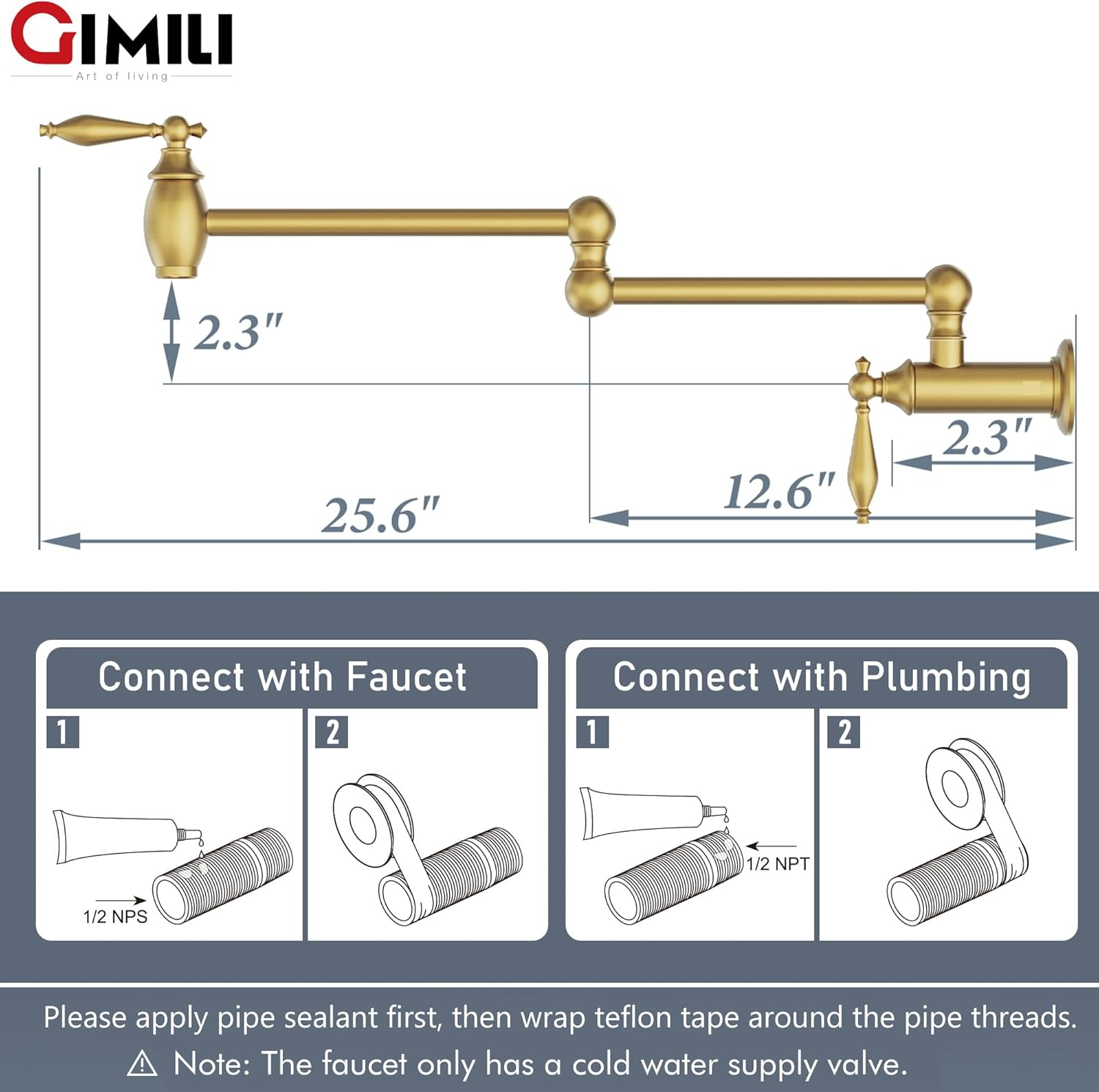 GIMILI Pot Filler Brushed Gold Kitchen Sink Pot Filler Faucet Wall Mount Kitchen Faucets Over Stove Faucet Brass Folding Faucet with Double Joint Swing Arms