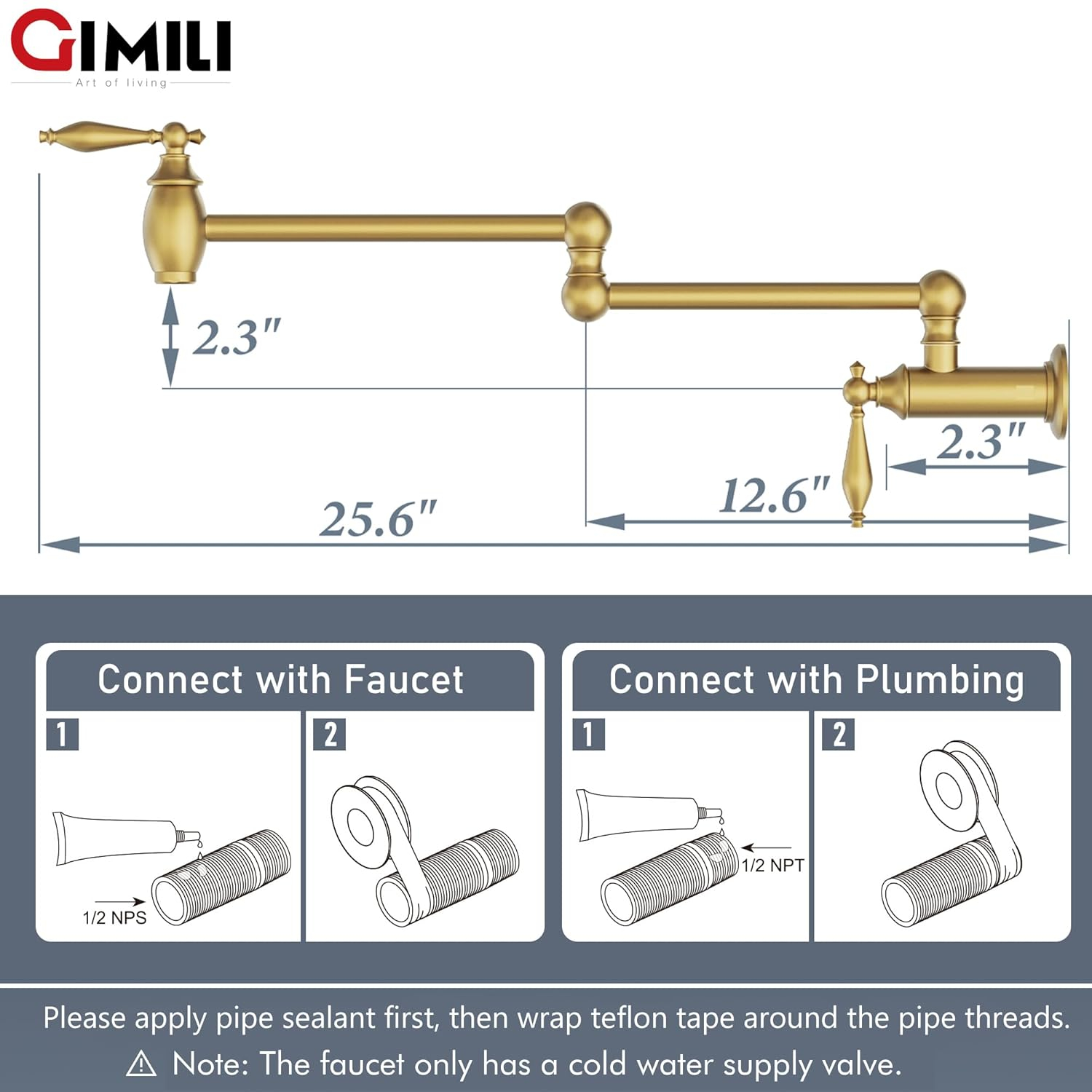 GIMILI Brushed Gold Pot Filler Faucet Wall Mount Kitchen Faucets Over Stove Faucet Folding Faucet with Double Joint Swing Arms