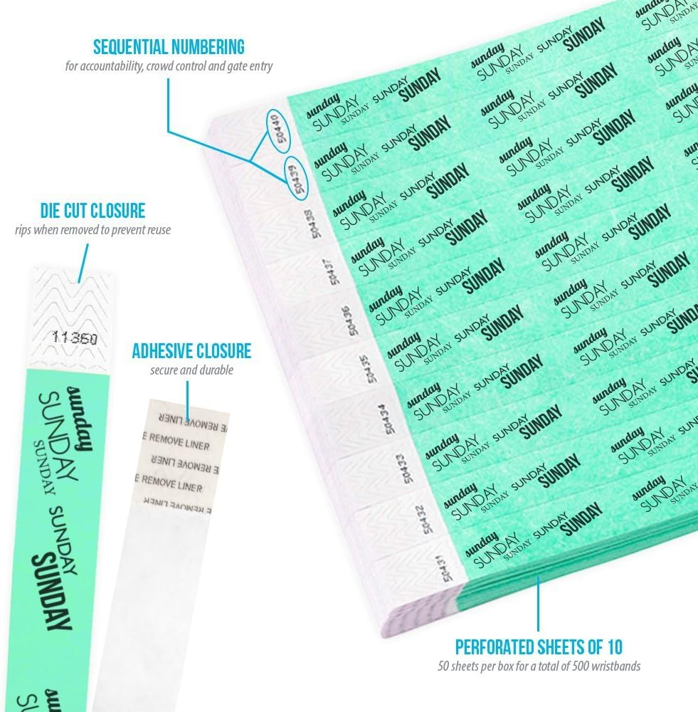 Aqua Tyvek Waterproof Tear-Resistant Event Wristbands, 500 Count