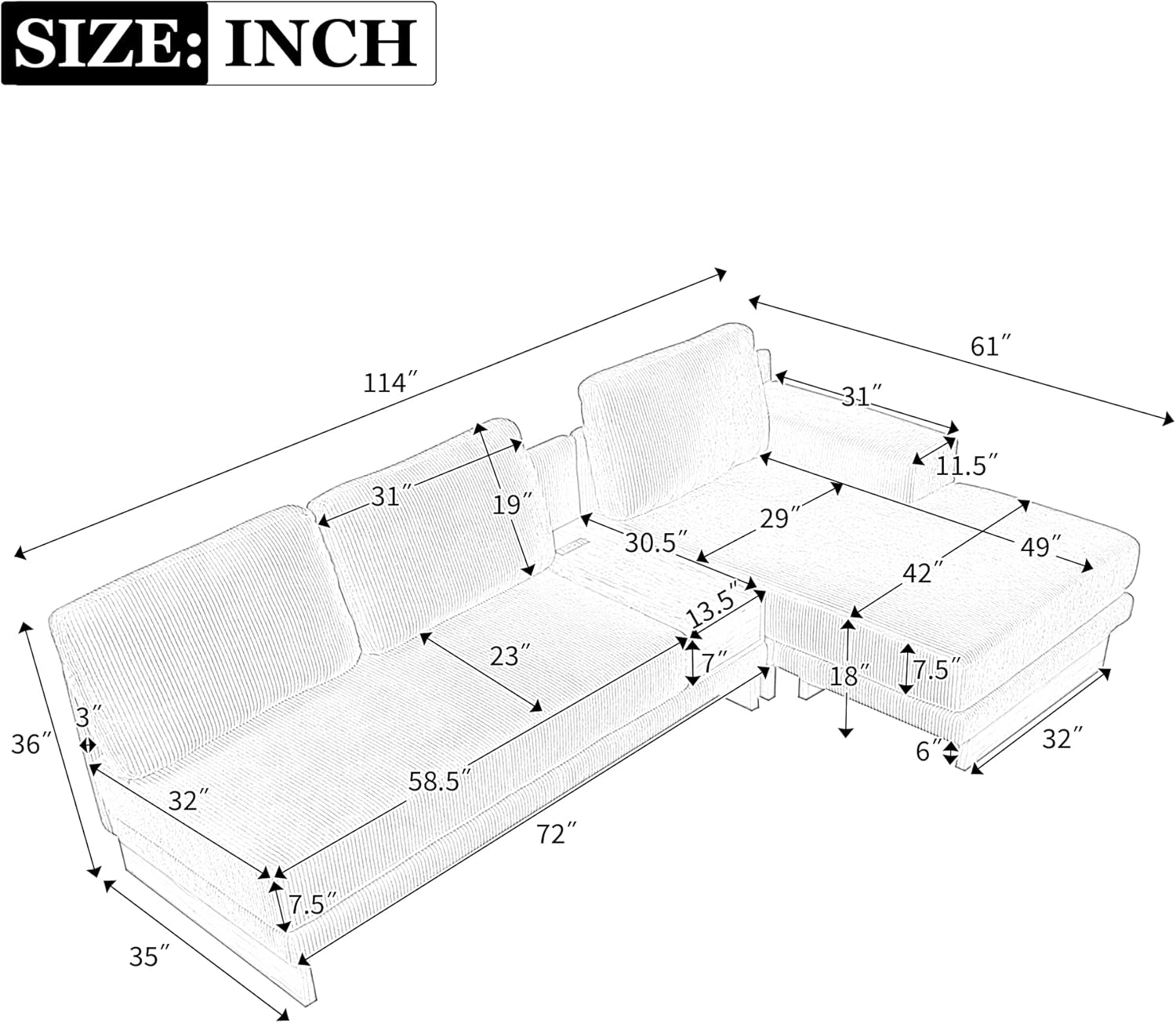 114" L-shaped Sofa Sectional Sofa with Two USB Ports and Two Power Sockets, A Storage Drawer and A Reversible Chaise Lounge for Living Room