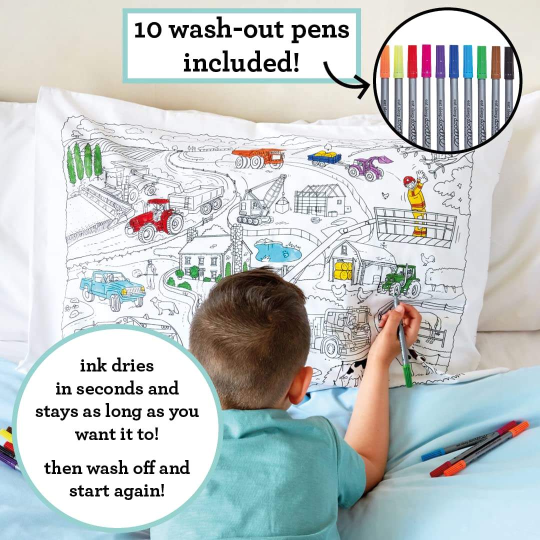 eatsleepdoodle Coloring Cotton Pillowcase with Washable Markers - Cars and Trucks Color in Activity Craft Kit for Boys and Girls Age 3+