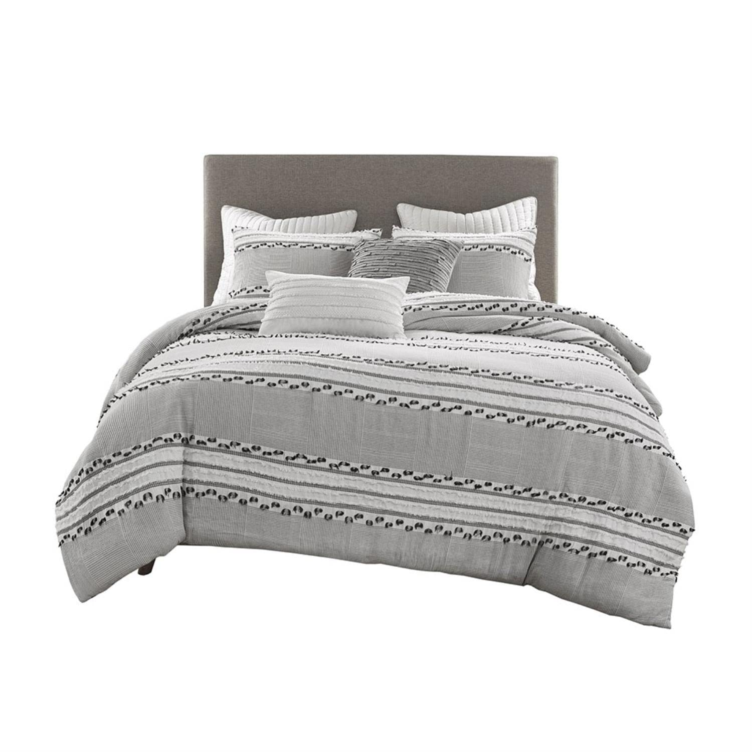Full/QueenLennon Organic Cotton Jacquard Comforter Set Charcoal Gray: Farmhouse Style, OEKO-TEX Certified, 3-Piece Set