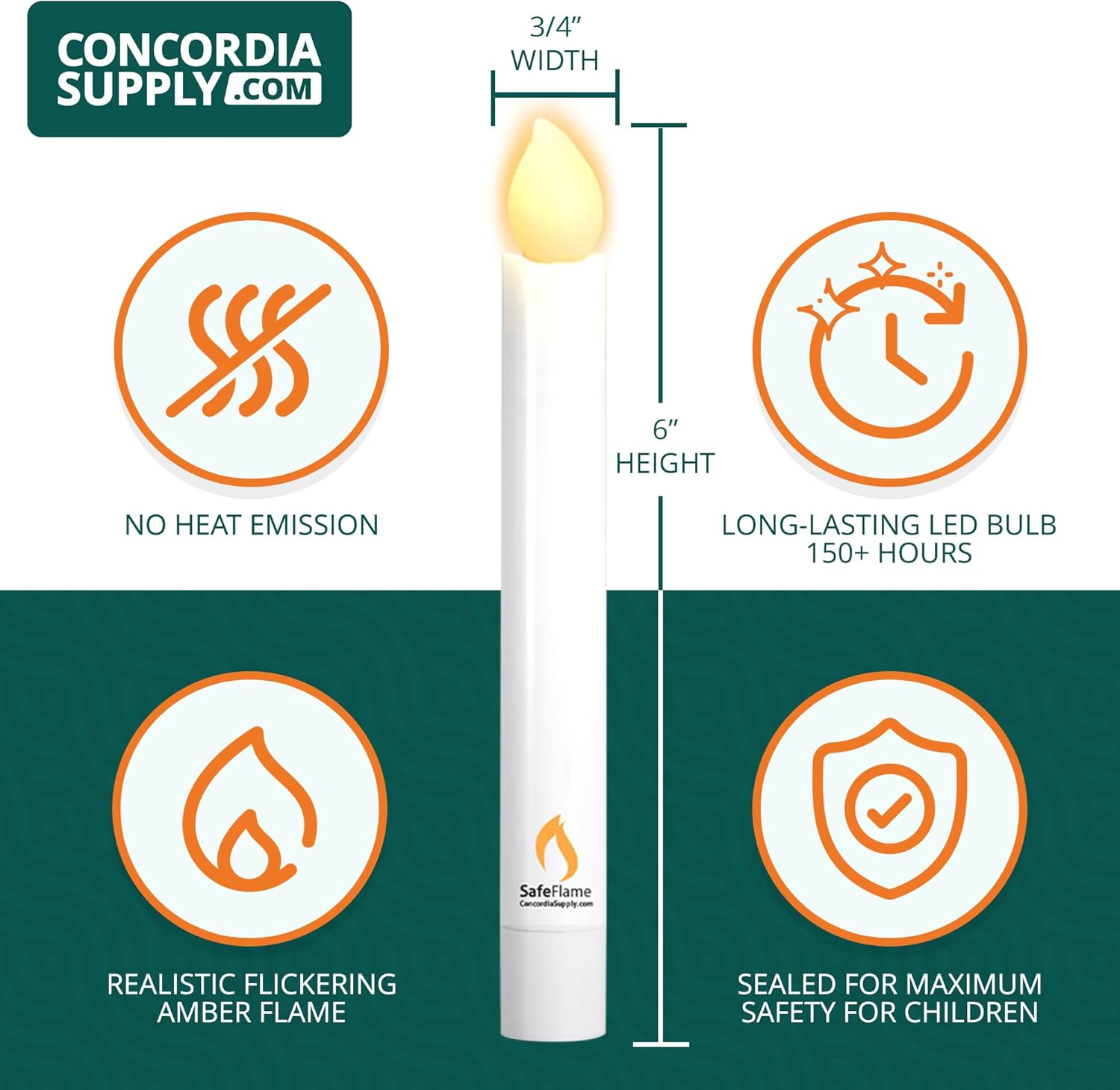 Concordia Supply SafeFlame LED Candlesticks - 6" (25-Pack) Handheld Battery Operated Candles w/Flickering Effect - Perfect for Church Services, Candlelight Vigils, and Special Events - (Amber)