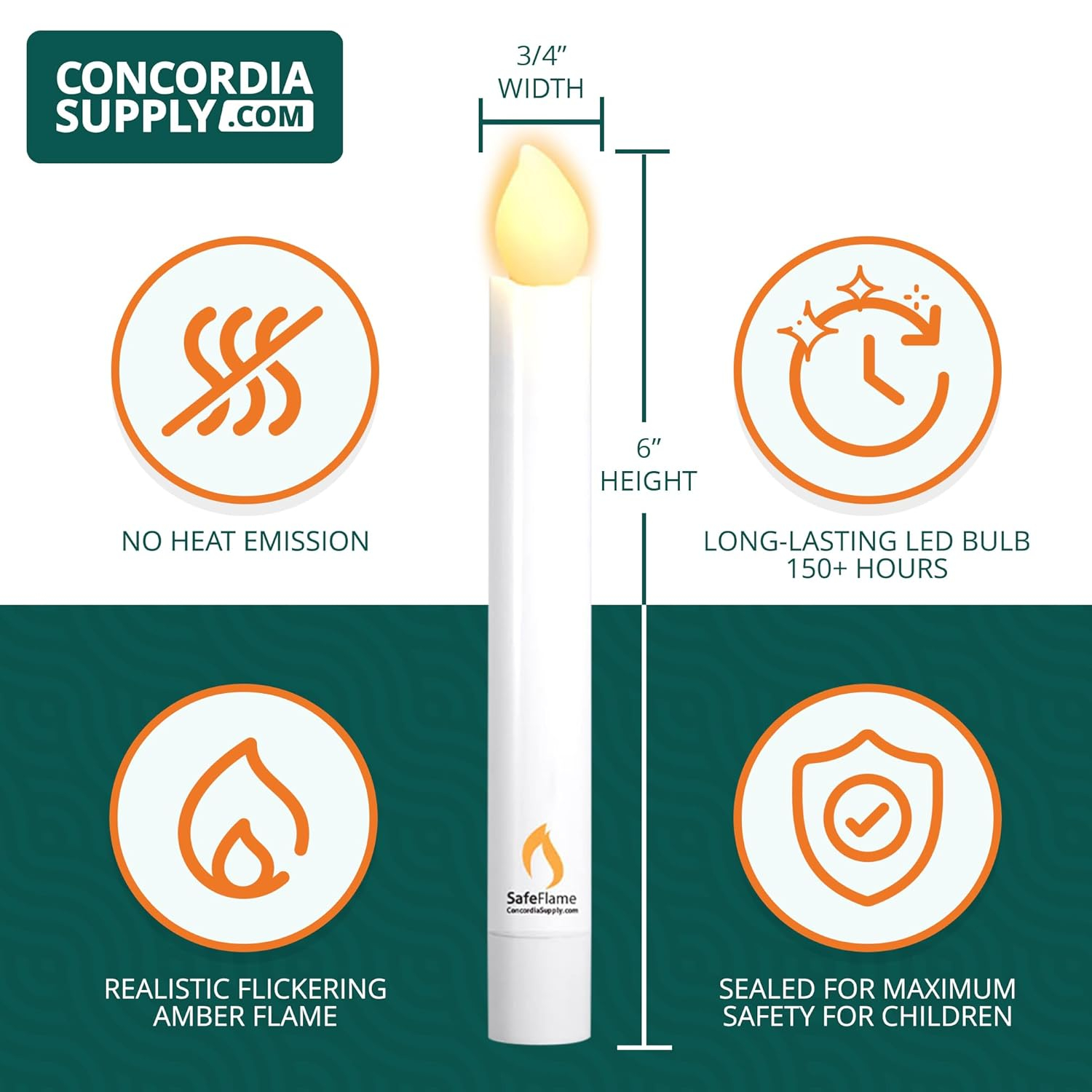 Concordia Supply SafeFlame LED Candlesticks - 6" (25-Pack) Handheld Battery Operated Candles w/Flickering Effect - Perfect for Church Services, Candlelight Vigils, and Special Events - (Amber)