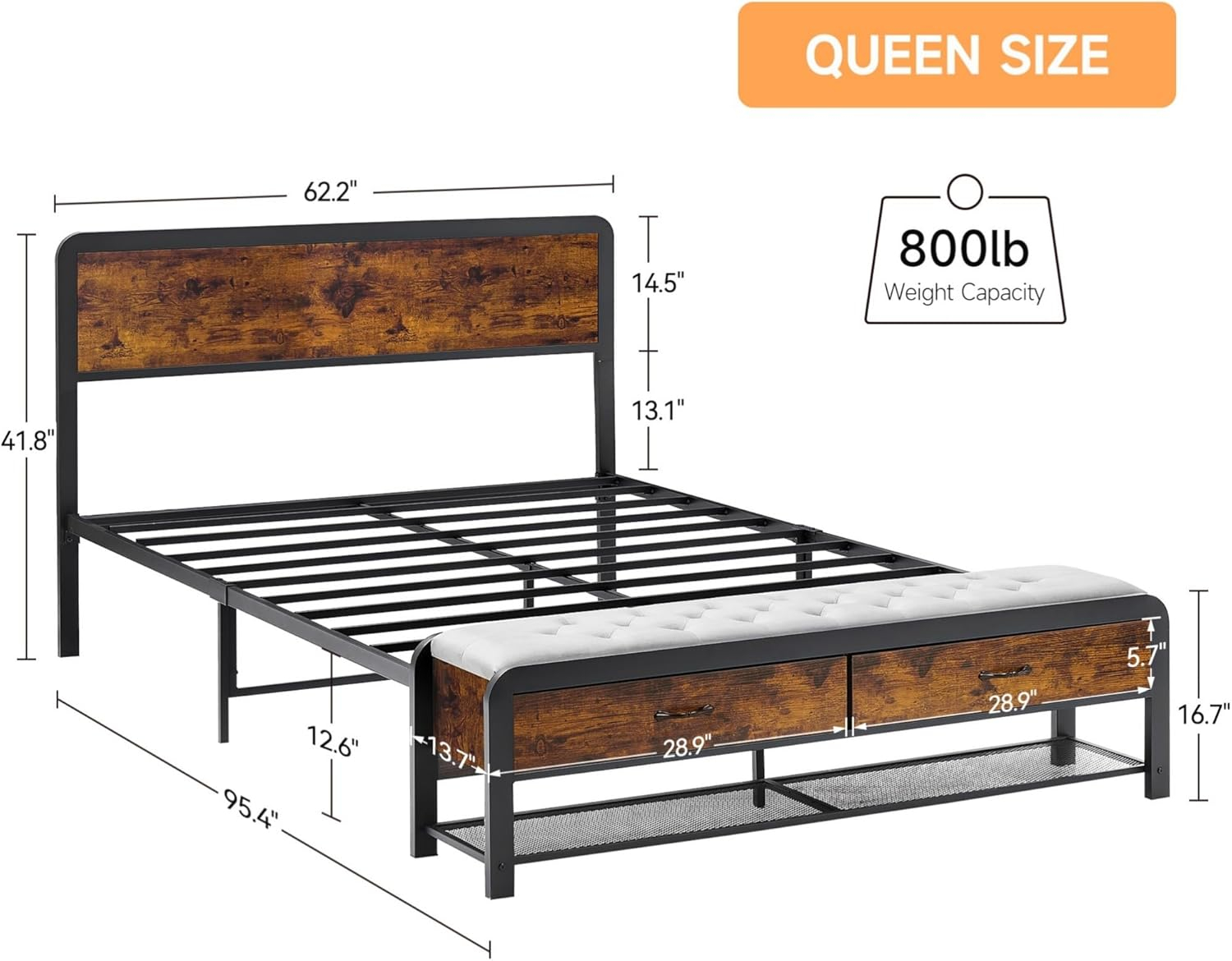 Alkmaar Full Size Platform Bed Frame with 2 Storage Drawers and Headboard, Bed Frame with Safe Rounded Corners & Strong Metal Slats Support, Mattress Foundation with Storage No Box Spring Needed