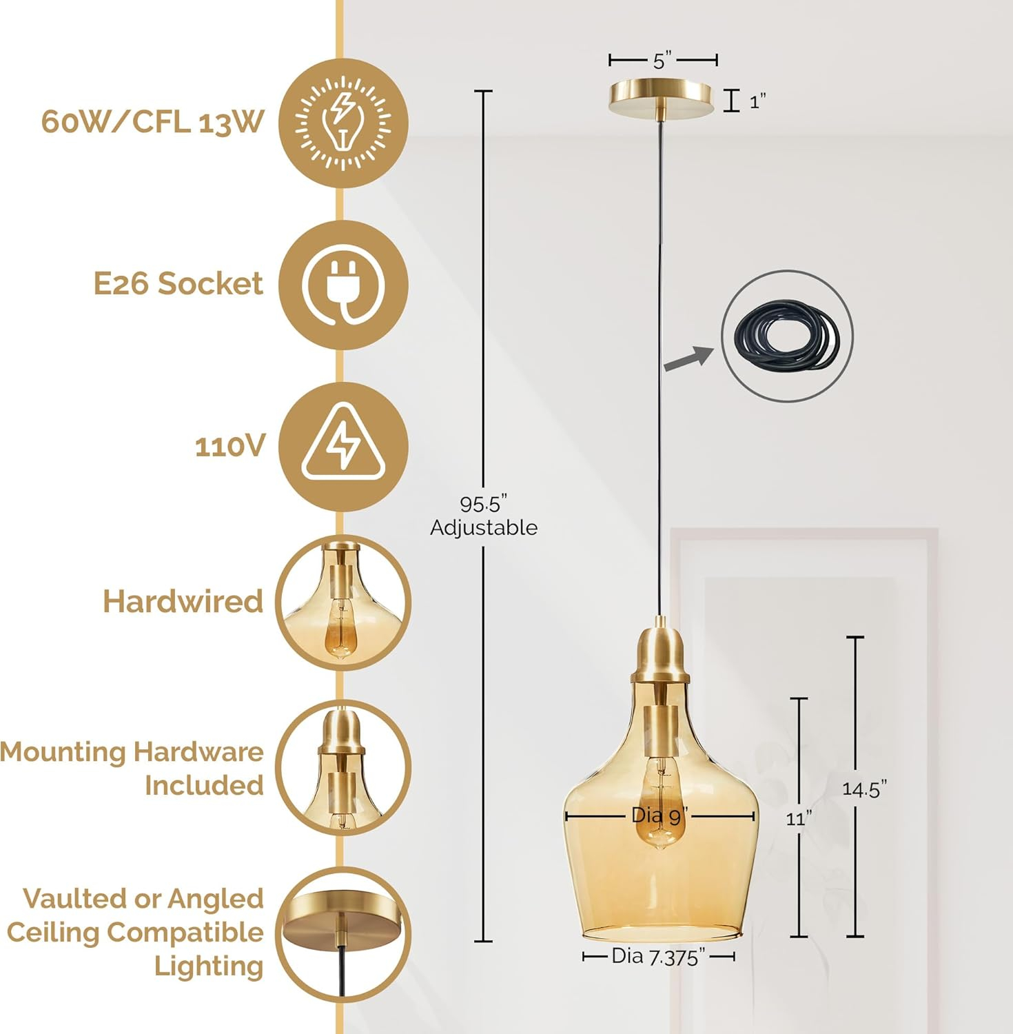 Hampton Hill Auburn Pendant Kitchen Lighting for Dining Room, Industrial Kitchen Lights, Hand-Blown Glass Bell Shaped Pendant Light for Kitchen Island, Foyer, Bedroom, 9" Dia x 95.5" H, Gold/Amber