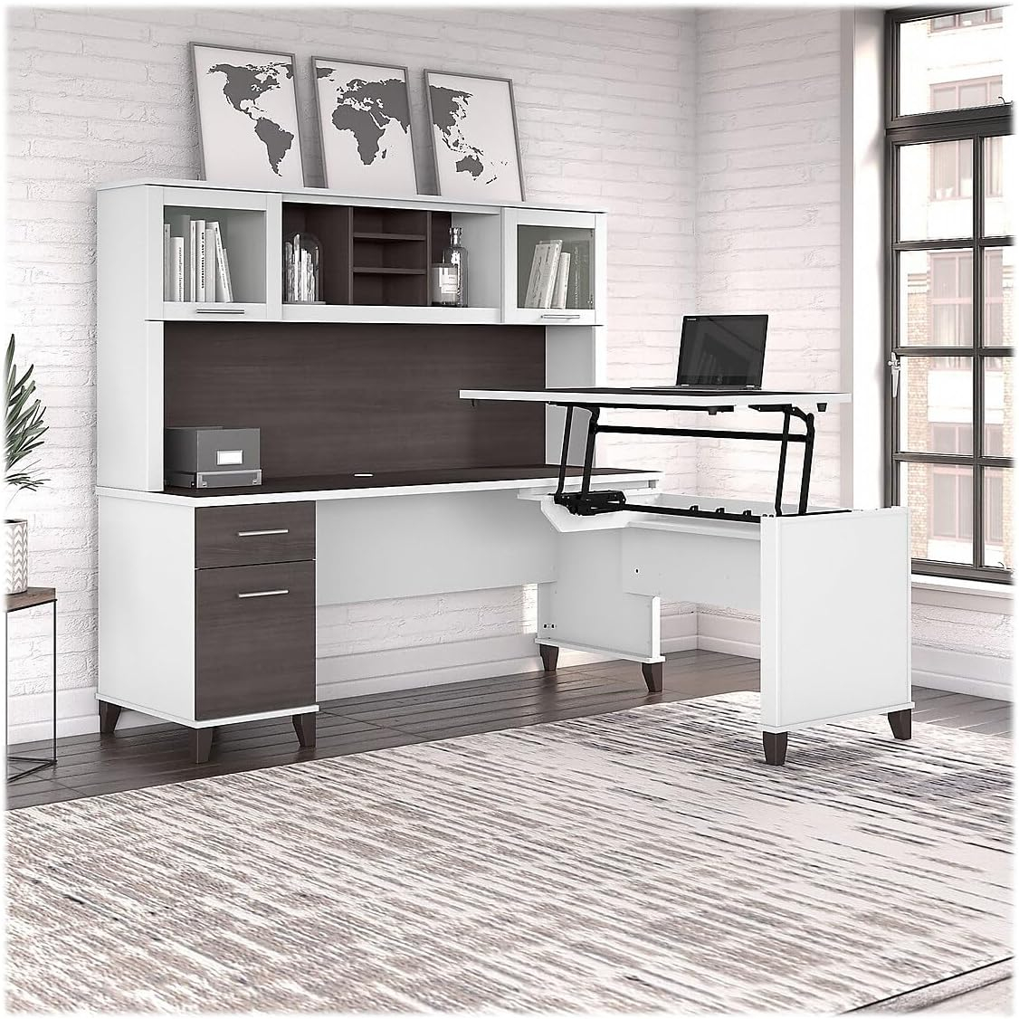 Bush Furniture Somerset 72" Sit to Stand L Desk & Hutch, Storm Gray & White