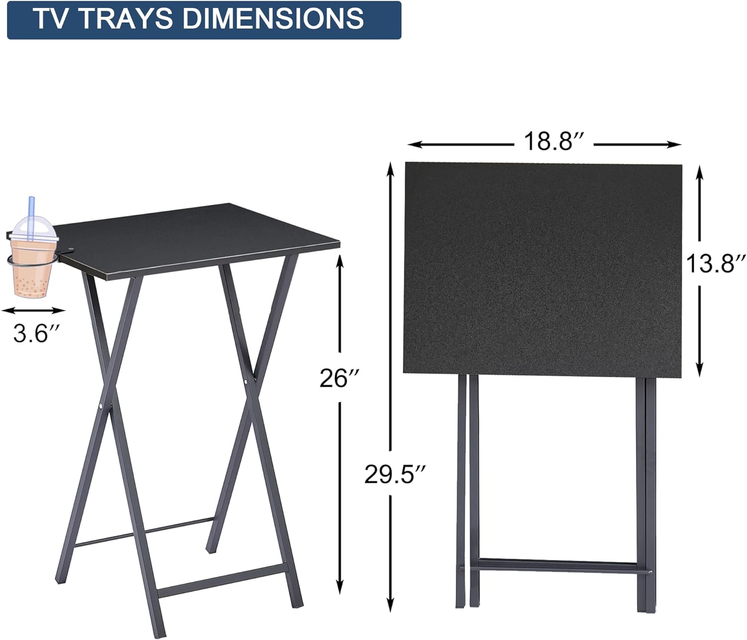 VECELO Folding TV Tray for Eating Set of 2, Portable Dinner/Snack Table with Cup Holder for Couch, Living Room and Small Space, Matte Black