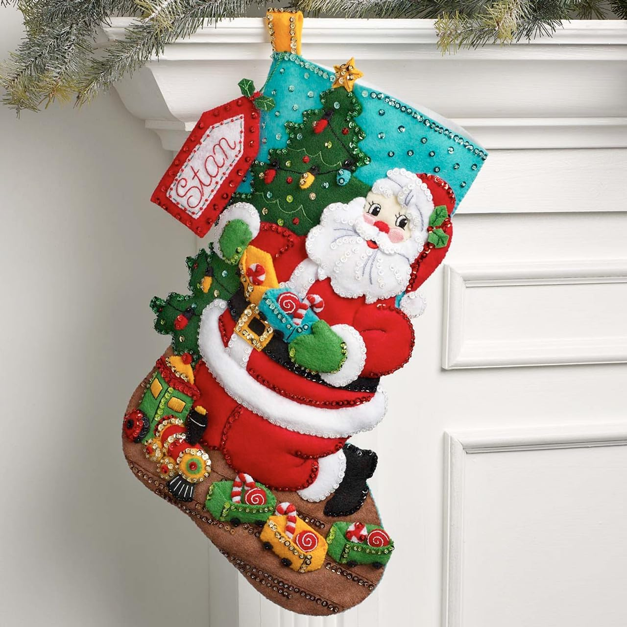 Bucilla Felt Applique 18" Christmas Stocking Kit, Toy Train Santa