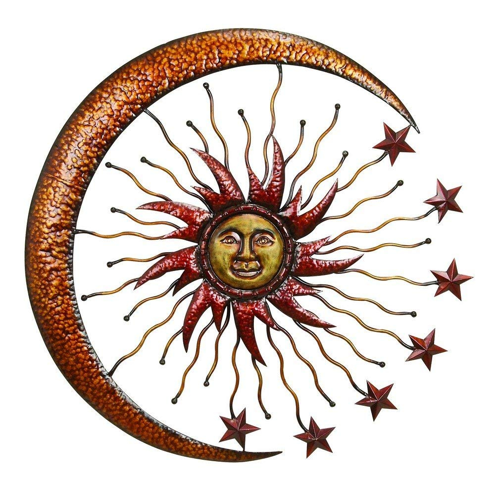 DecMode Copper Metal Indoor Outdoor Sun and Moon Wall Decor with Stars