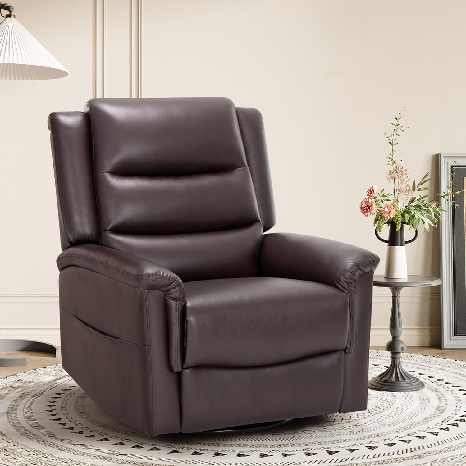 Dark Brown Leather Swivel Recliner with Metal Frame