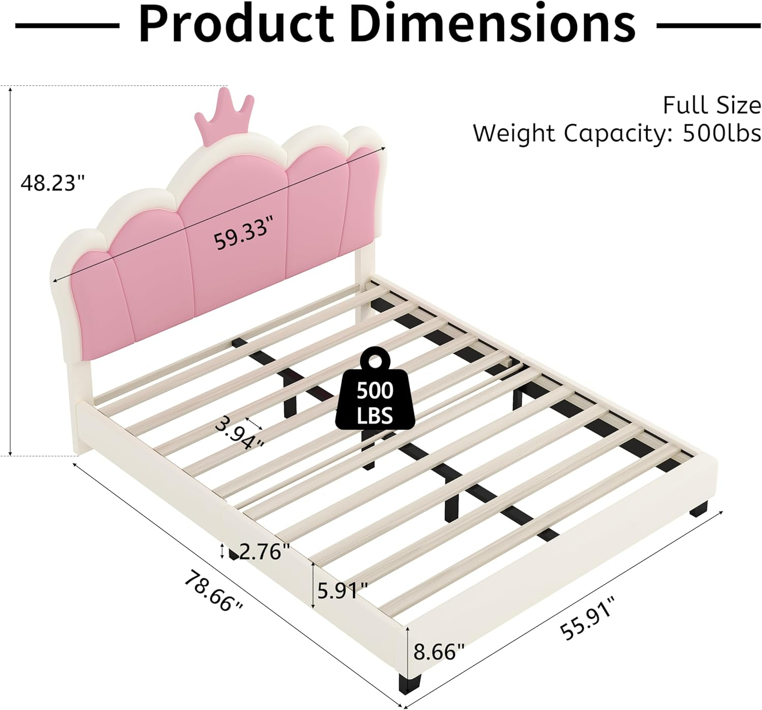 Merax Kid Full Upholstered Day Bed Frame with Crown Headboard, Wood Princess Low Platform Bed for Boys Girls,Easy Assemble White+Pink