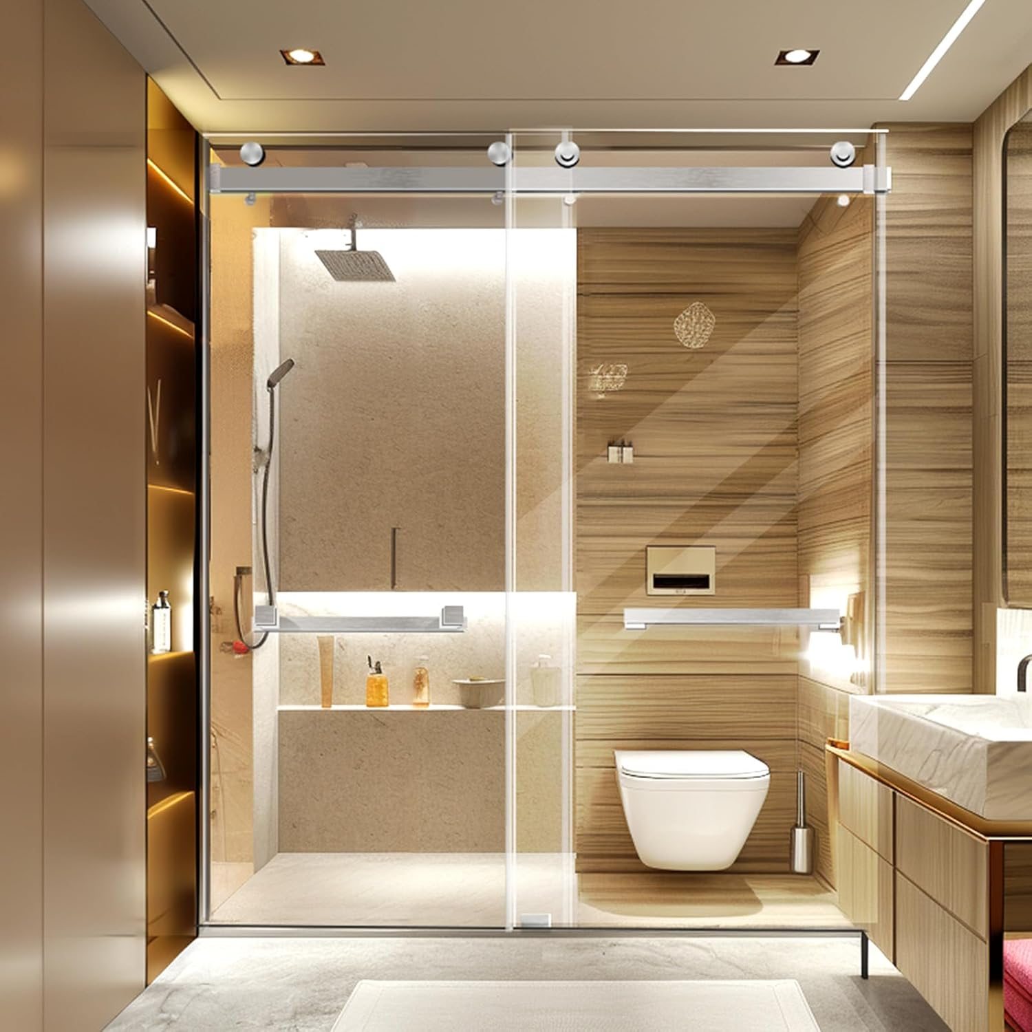68-72" W x 76" L Frameless Double Sliding Shower Door - Soft-Close Feature, Brushed Nickel, 3/8" (10mm) Thick SGCC Tempered Glass Door with Explosion-Proof Film