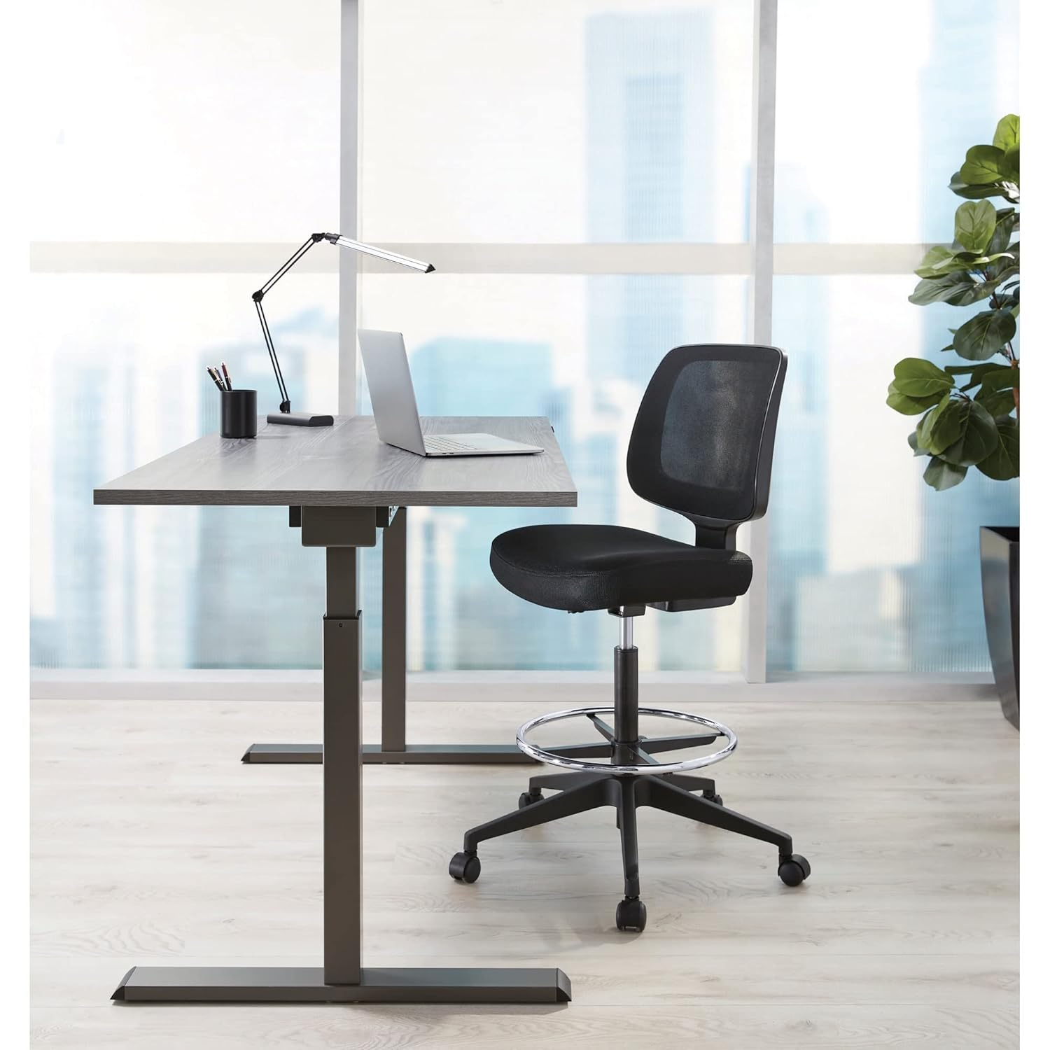 Realspace® Laristo Mesh/Fabric Mid-Back Drafting Chair, Black, BIFMA Compliant