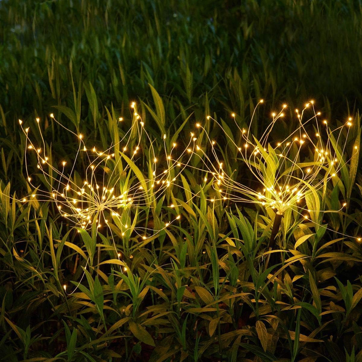 Christmas Outdoor Garden Decorative Lights, Solar Firework Lights 105 LED Powered 35 Copper Wires, DIY Flowers Fireworks Stars for Walkway Pathway Backyard Christmas Party Decor (Warm White 2 Pack)
