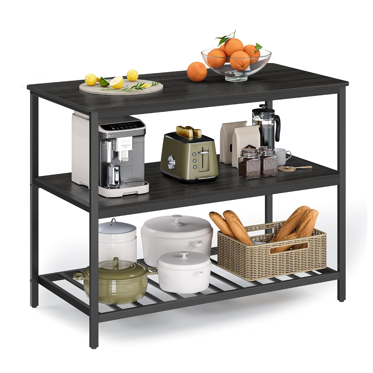 VASAGLE Kitchen Island with 3 Shelves, 47.2 Inches Width Kitchen Shelf with Large Worktop, Stable Steel Structure, Industrial, Easy to Assemble, Ebonised Oak and Black UKKI001B42