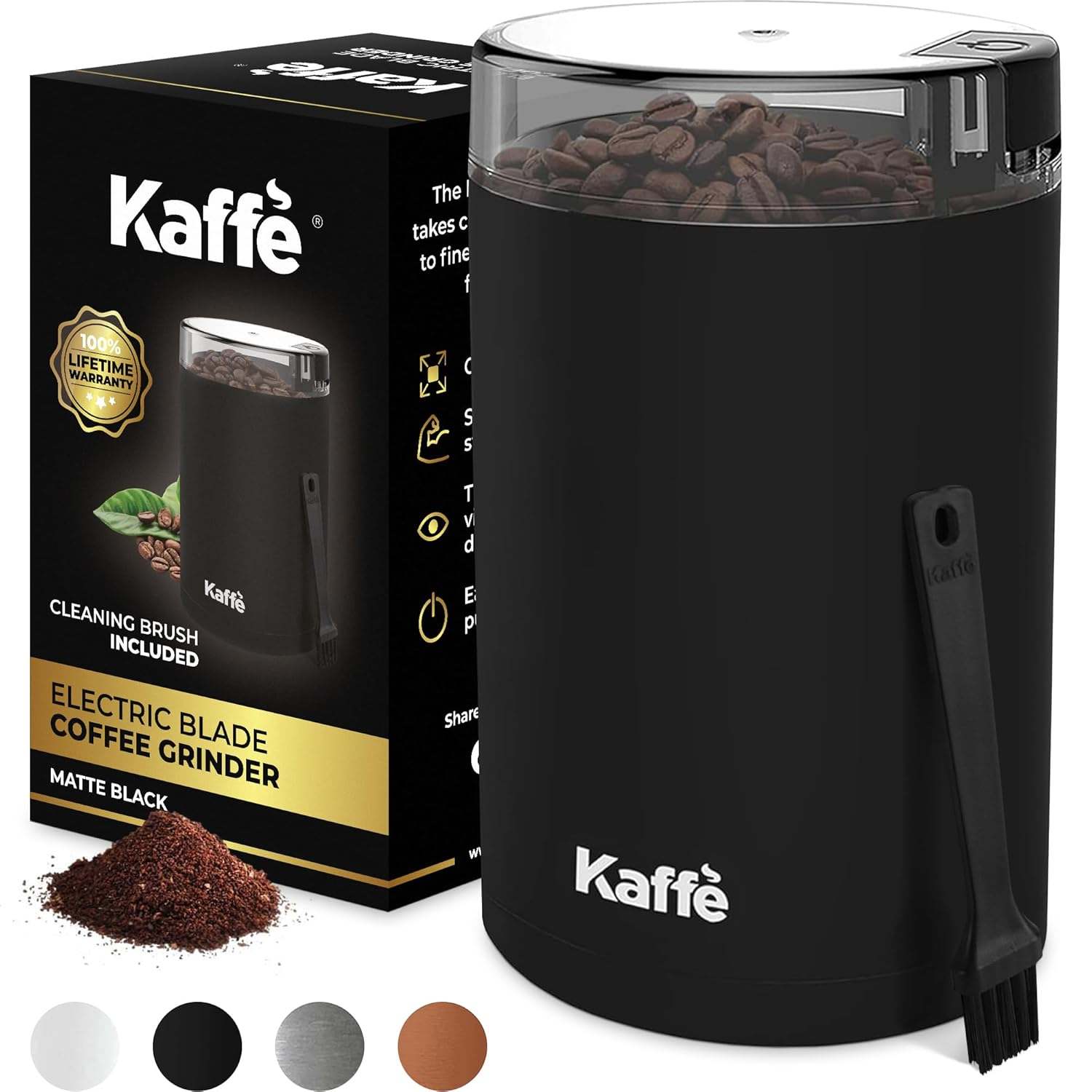 Kaffe Coffee Grinder Electric (3.5oz/14 Cup) , Best Coffee Grinders Reduced Price w Free Cleaning Brush, Matte Black
