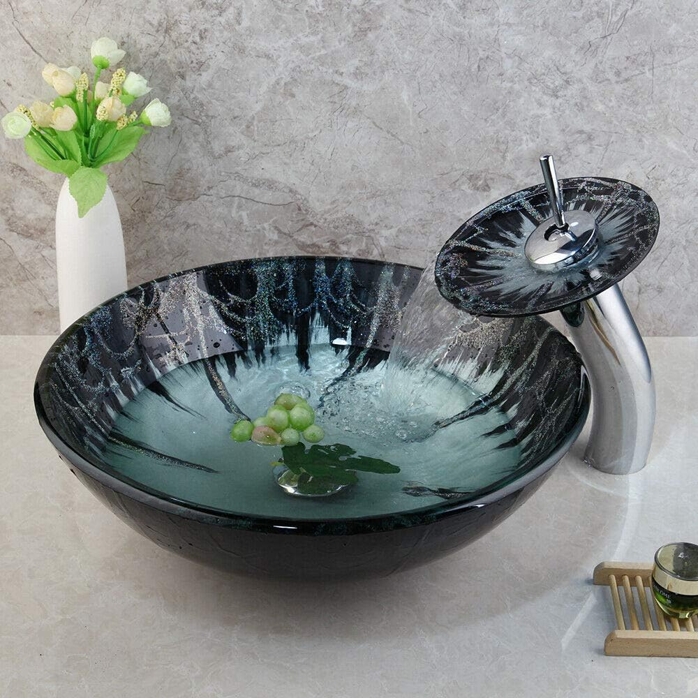 Round Polished Black and Green Glass Vessel Sink