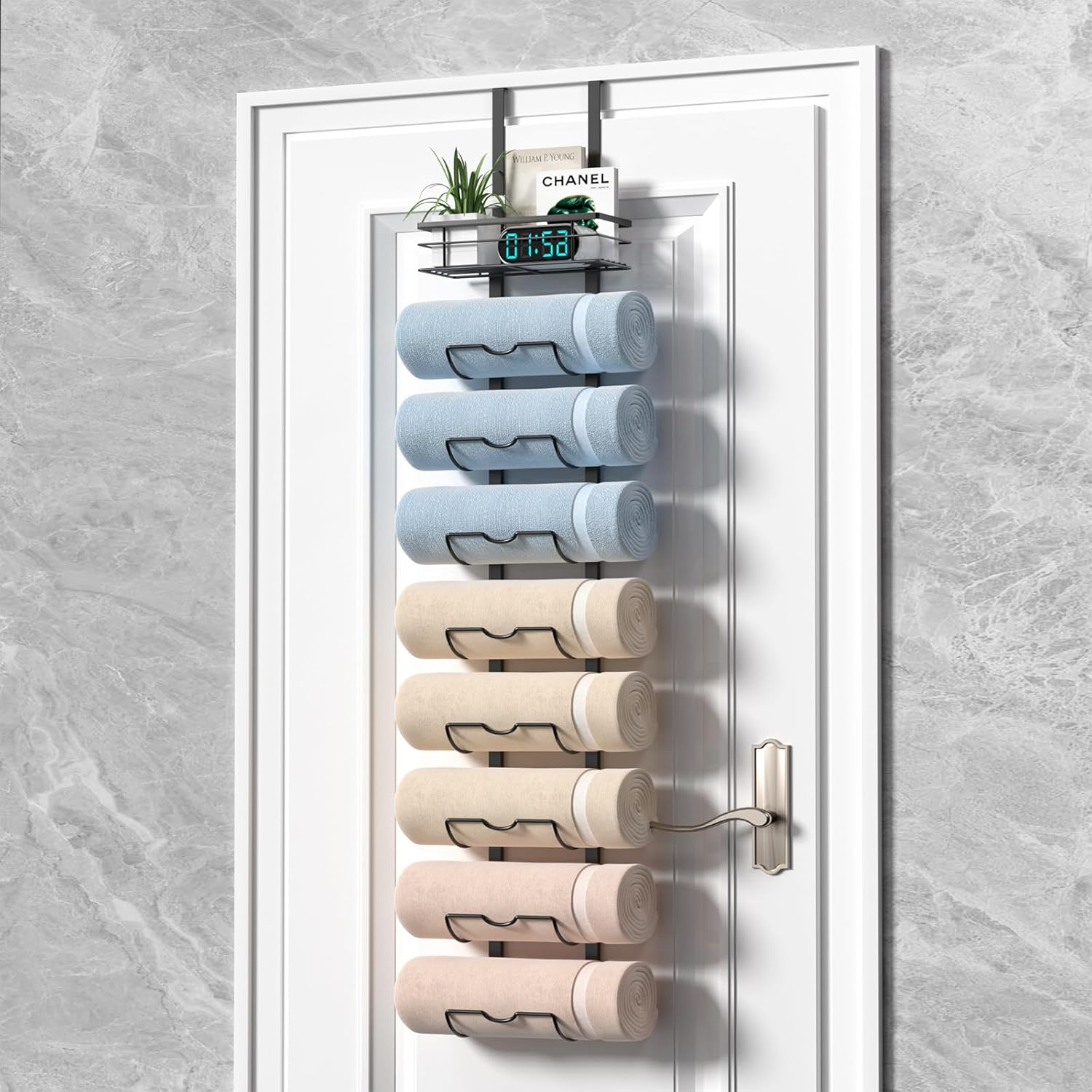 9-Tier Over The Door Towel Rack,Towel Racks for Bathroom, Metal Towel Holder with Storage Basket,Towel Storage for Small Bathroom,Towel Rack for Rolled Towels,Black