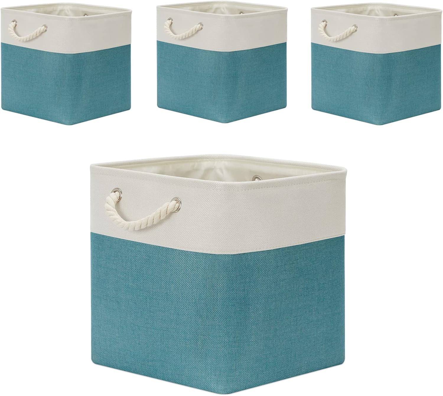 Tegance 13x13 Storage Cubes Baskets 4 Pack Fabric Cube Storage Bins Large Storage Baskets with Leather Handles,Decorative Storage Boxes for Organizing Shelves(WhiteGreen)