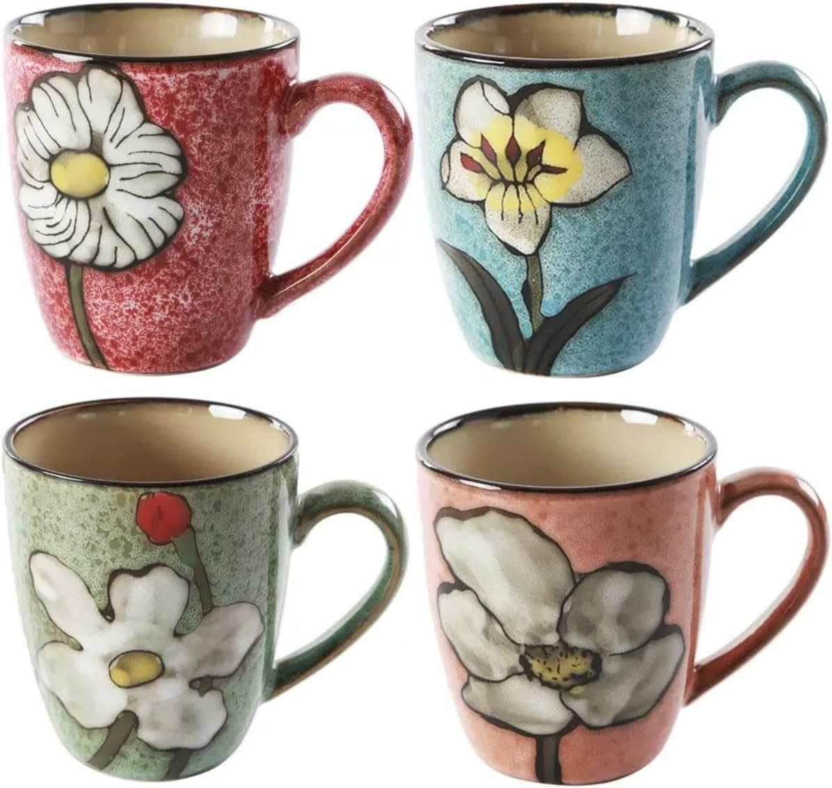 Floral Kiln Glazed Ceramic Mugs Set of 4
