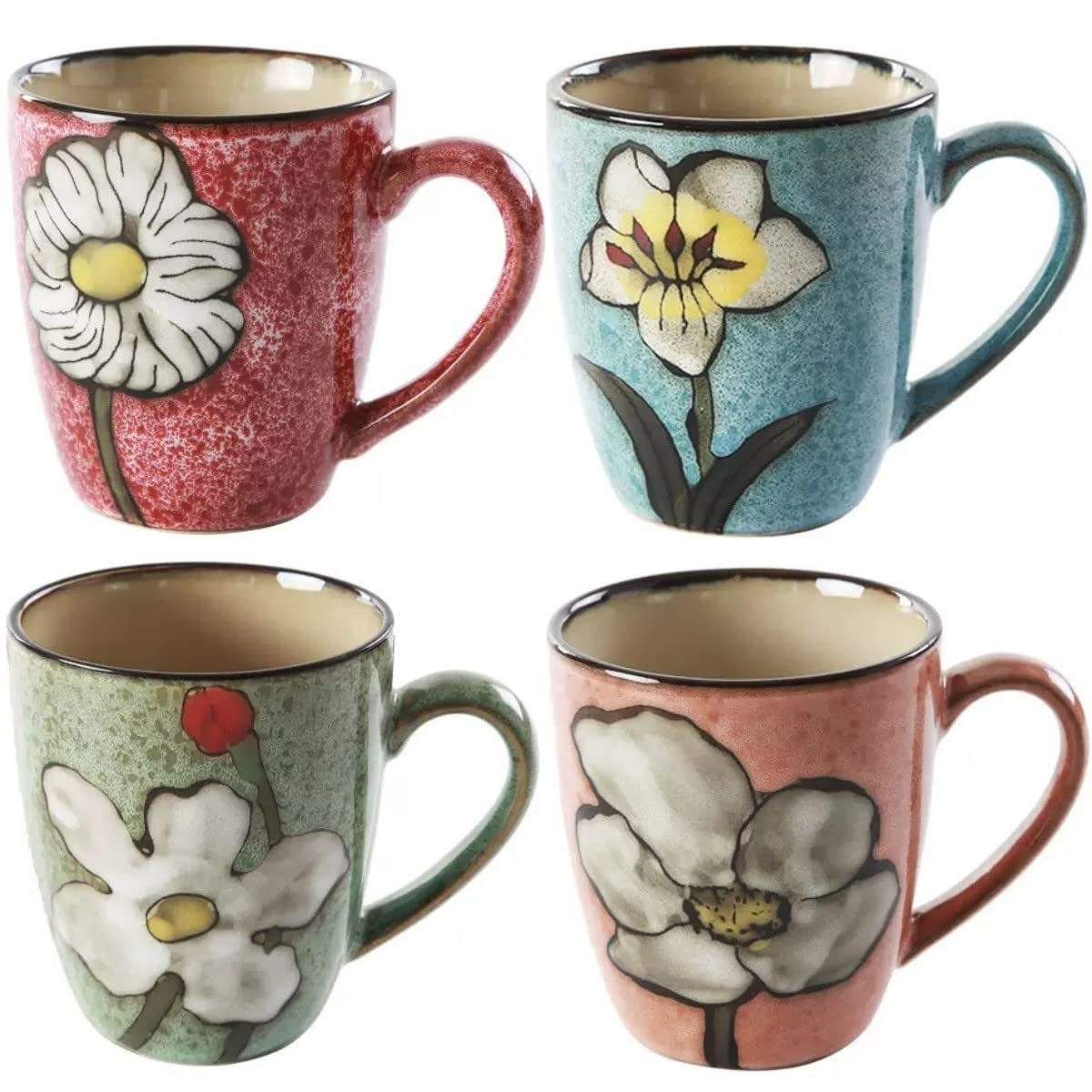 Floral Kiln Glazed Ceramic Mugs Set of 4