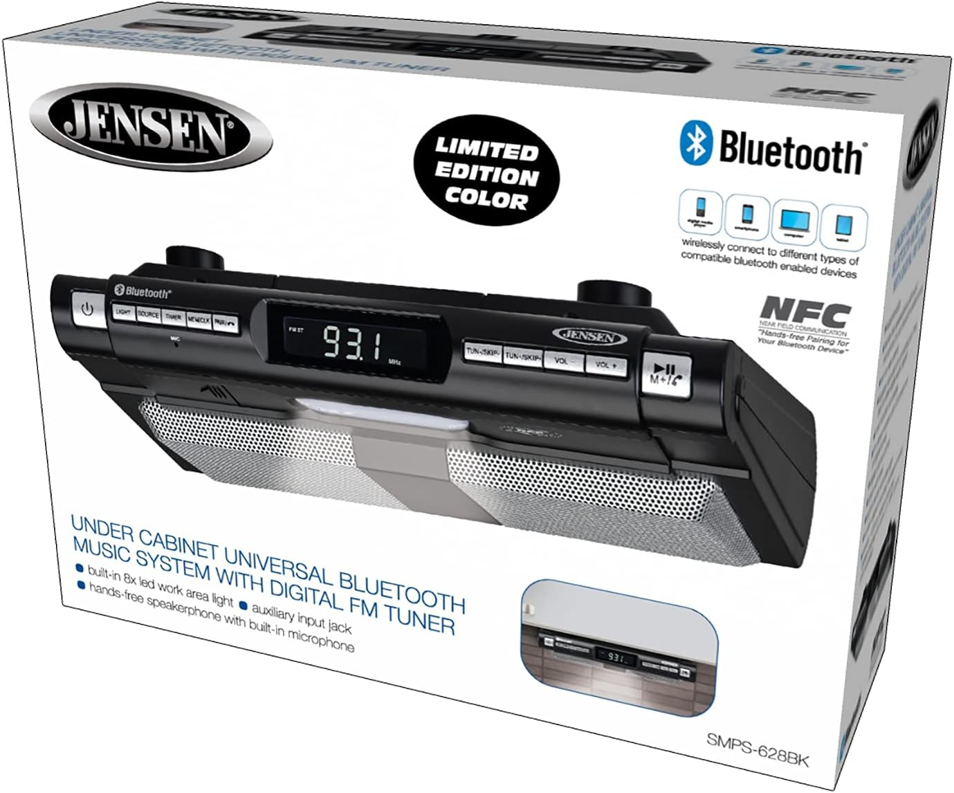 Jensen Modern Wireless Under Cabinet Kitchen Universal Bluetooth Music System, FM Radio, Clock LCD Digital Display, Built-in Hands-Free Mic & Speakers (Includes Mounting Hardware)