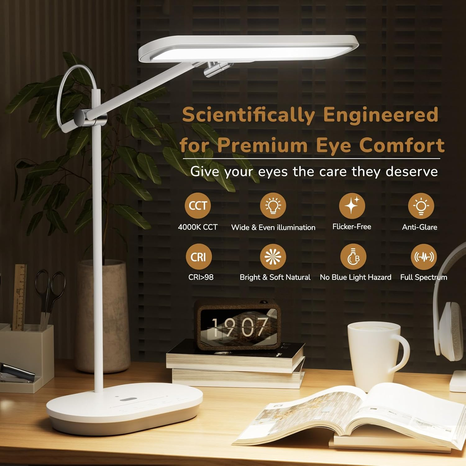 LED Desk Lamp with CRI 98, Advanced Eye-Caring Bright Desk Light for Crafting, Home Office & Kids Studying, Multi-Angle Adjustable, Dimmable Full Spectrum with Touch & Gesture Control