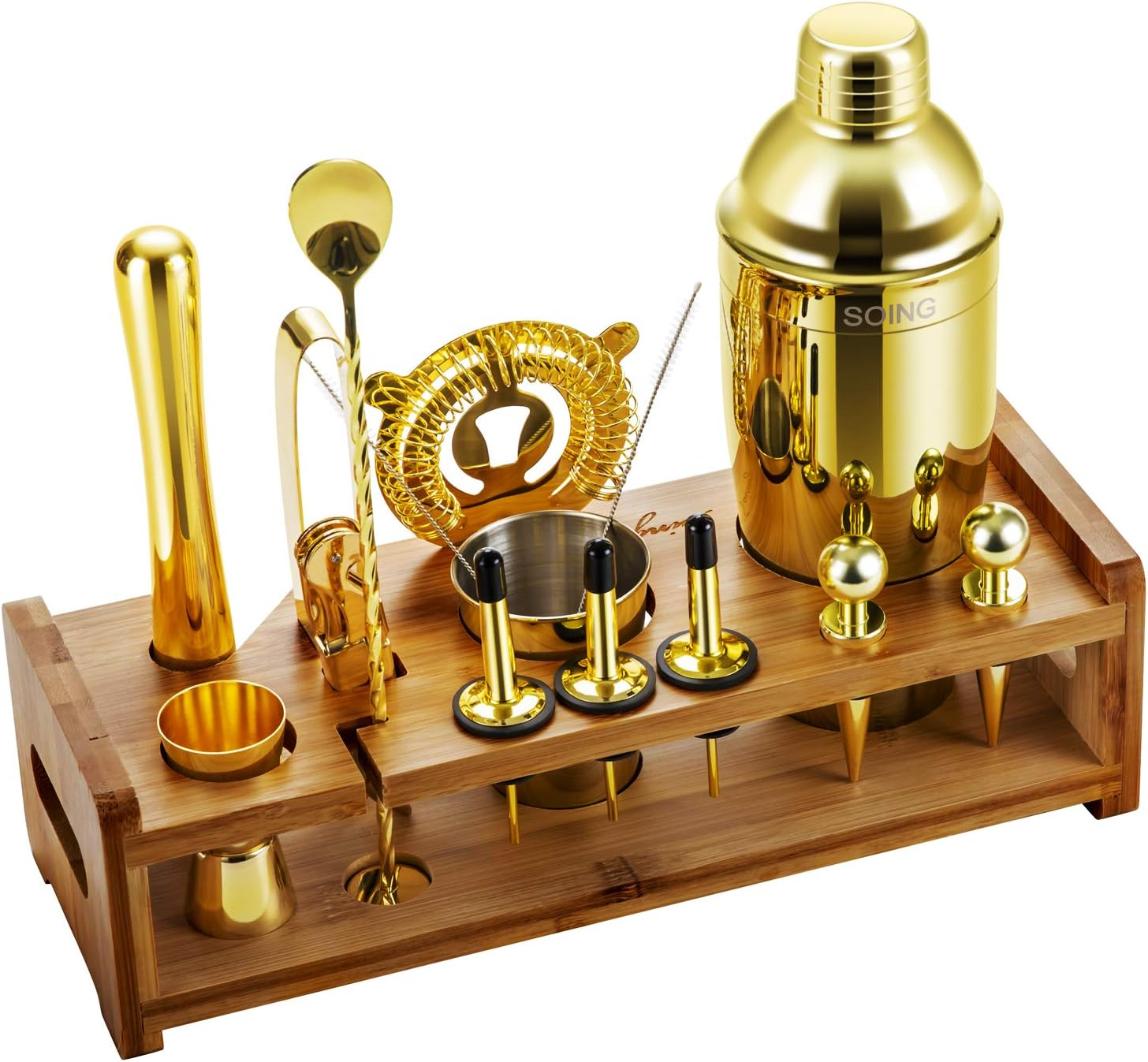 Soing Gold 24-Piece Cocktail Shaker Set,Perfect Home Bartending Kit for Drink Mixing,Stainless Steel Bar Tools with Stand,Velvet Carry Bag & Recipes Included