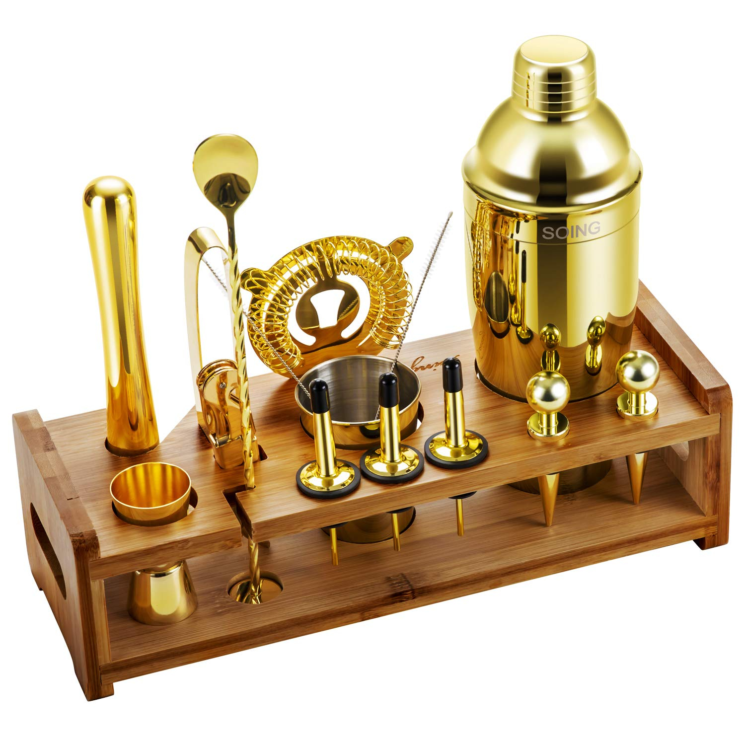 Soing Gold 24-Piece Cocktail Shaker Set,Perfect Home Bartending Kit for Drink Mixing,Stainless Steel Bar Tools with Stand,Velvet Carry Bag & Recipes Included
