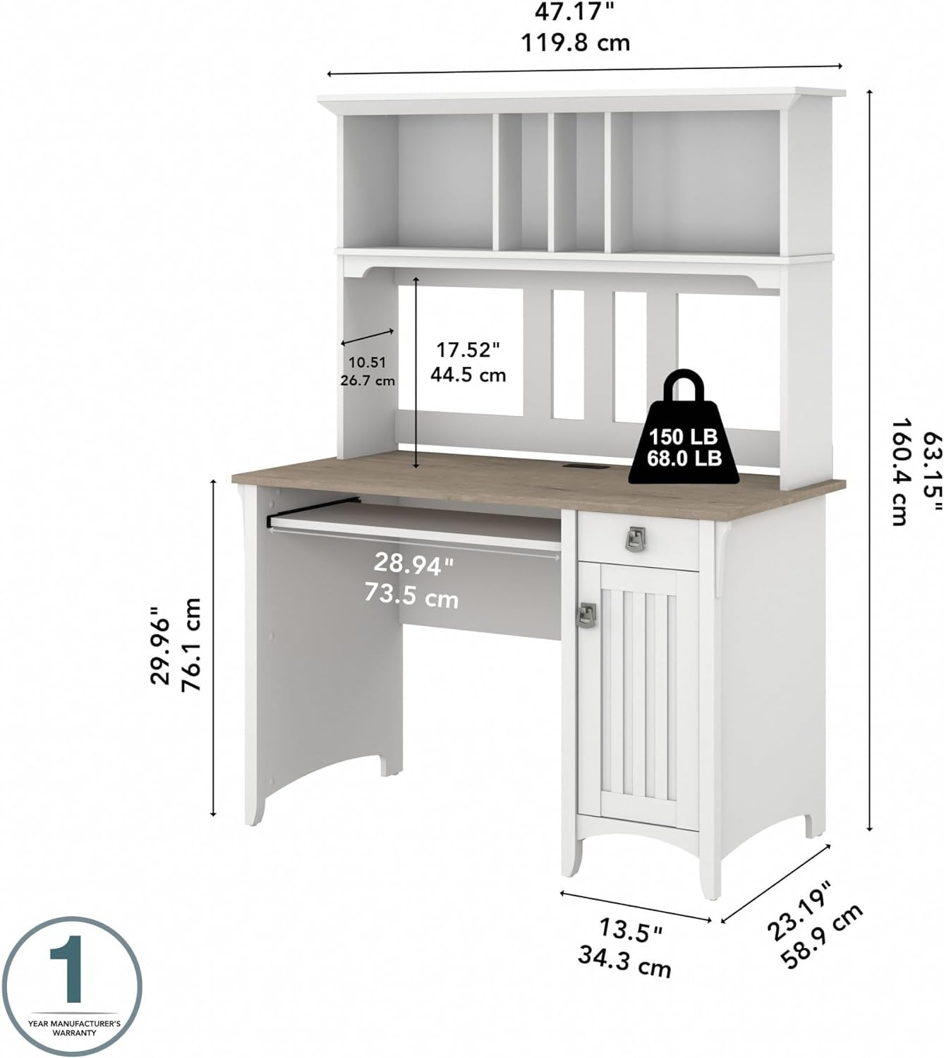 Bush Furniture Salinas 48” Computer Desk & Hutch with Storage, Shiplap Gray & White