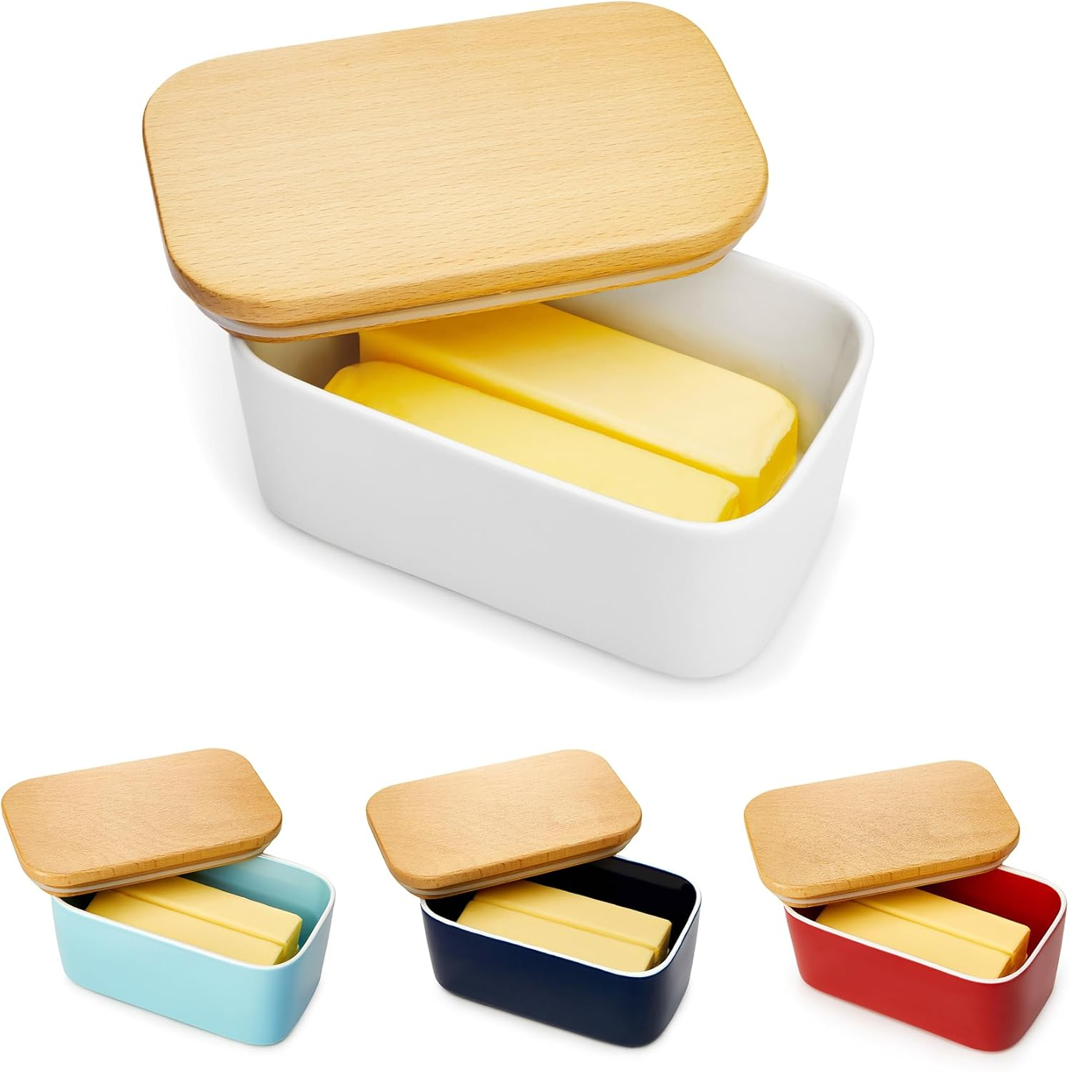 [new and improved] sweese 3151 large butter dish - airtight butter keeper holds up to 2 sticks of butter - porcelain container with beech