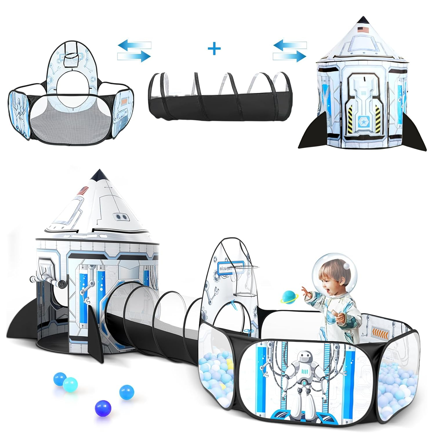 Rocket Ship Kids Play Tent: 3Pcs Toddlers Pop Up Ball Pit and Play Tunnel for Indoor Outdoor, Spaceship Baby Playhouse Toys for 1-3 Year Old Boys Girls (3 in 1 Kids Tent)