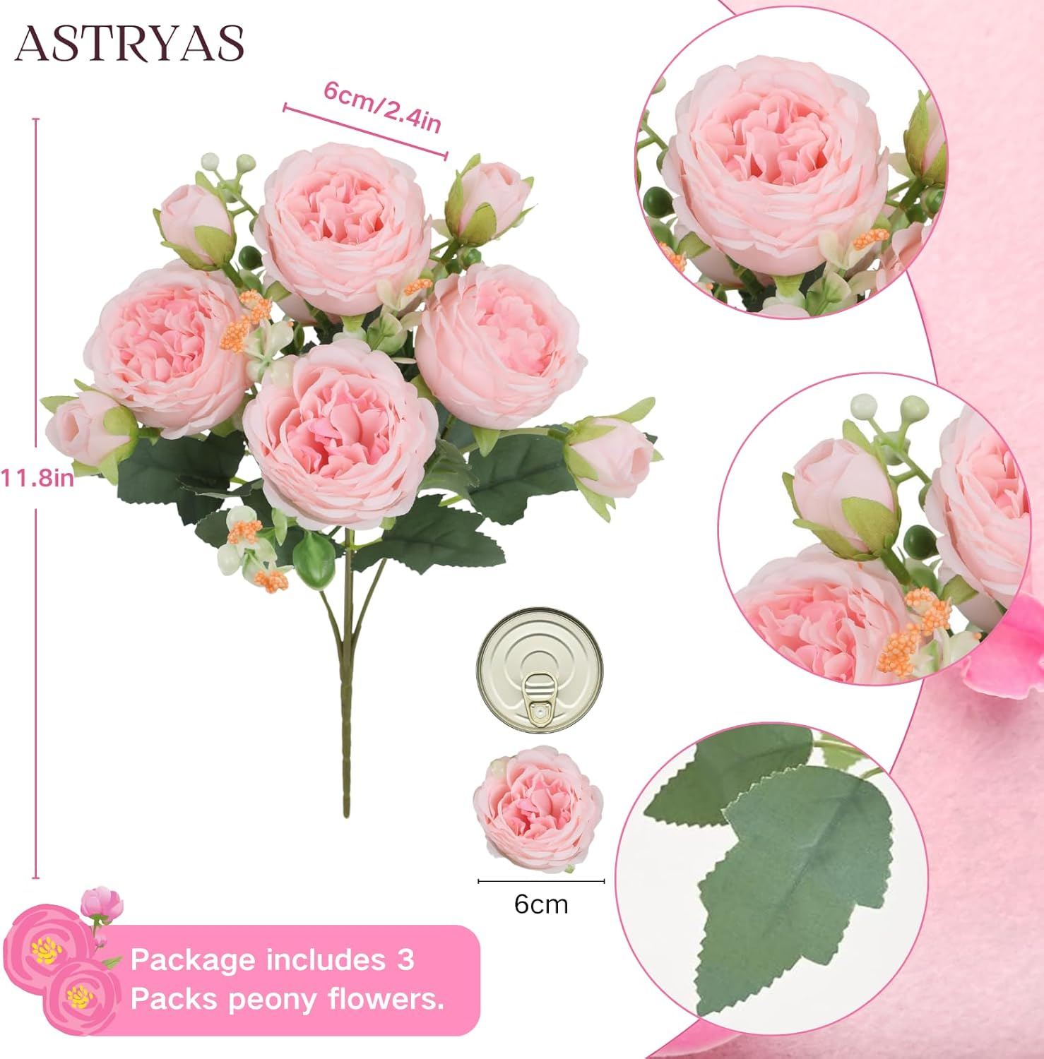 ASTRYAS 3pcs Artificial Flowers Light Pink Fake Silk Peony for Decoration Faux Peonies for Spring Home Bridal Wedding Party Decor Baby Shower