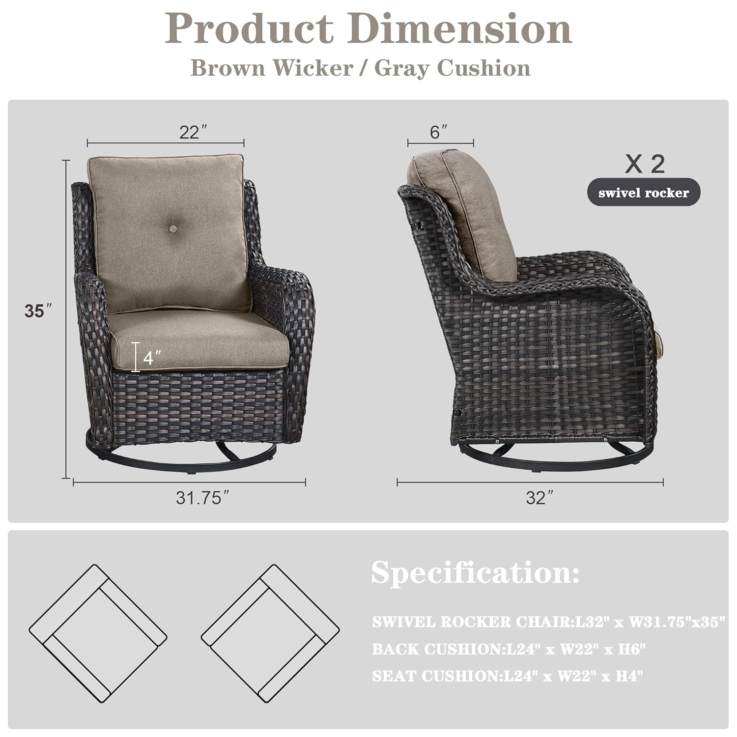 Outdoor Swivel Rcoker Patio Chairs - Outdoor Swivel Patio Chairs Set of 2 Wicker Chair Patio Furniture Sets with Covered Cushion for Porch Deck Balcony Garden, Gray