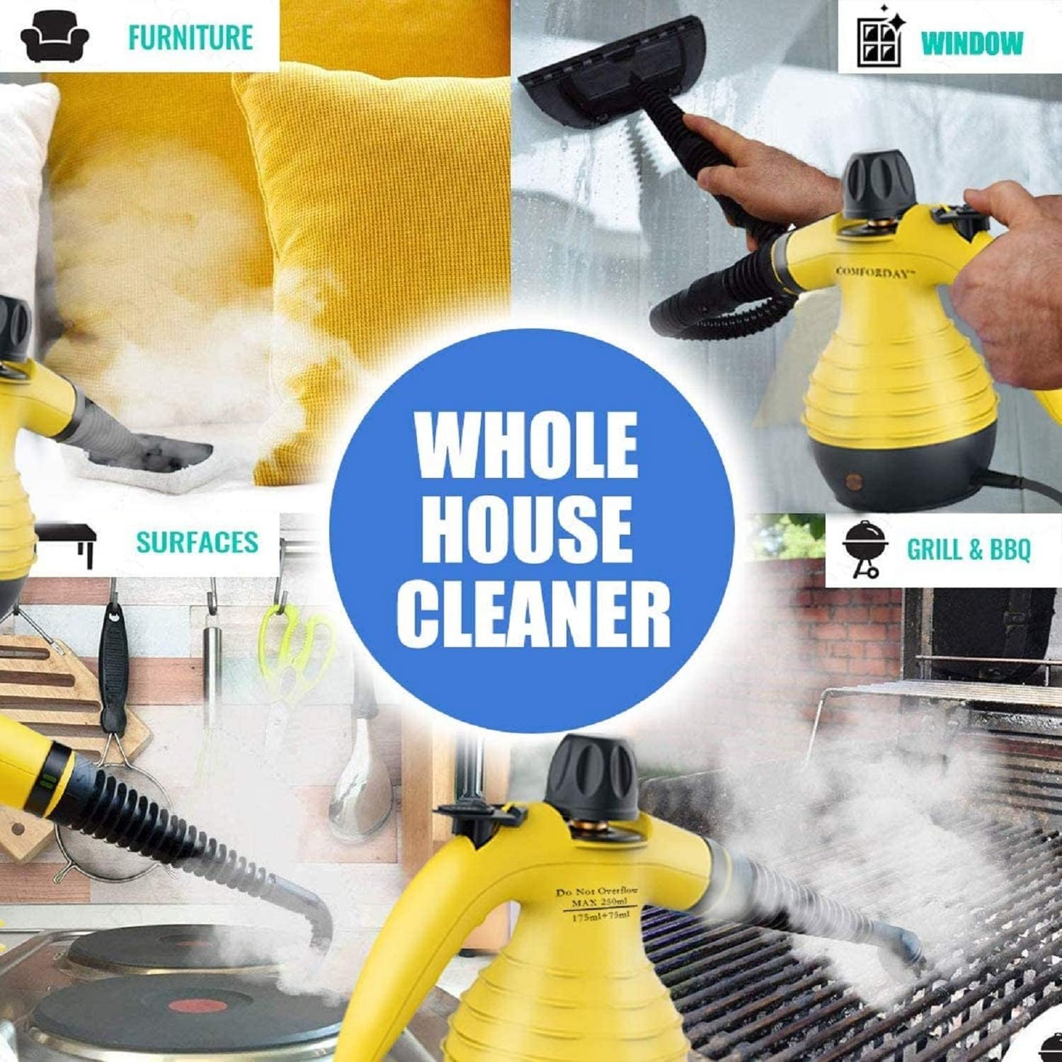 Comforday Multi-Purpose Handheld Pressurized Steam Cleaner with 9-Piece Accessories, Perfect for Stain Removal, Curtains, Car Seats, Floor, Carpet, Window Cleaning