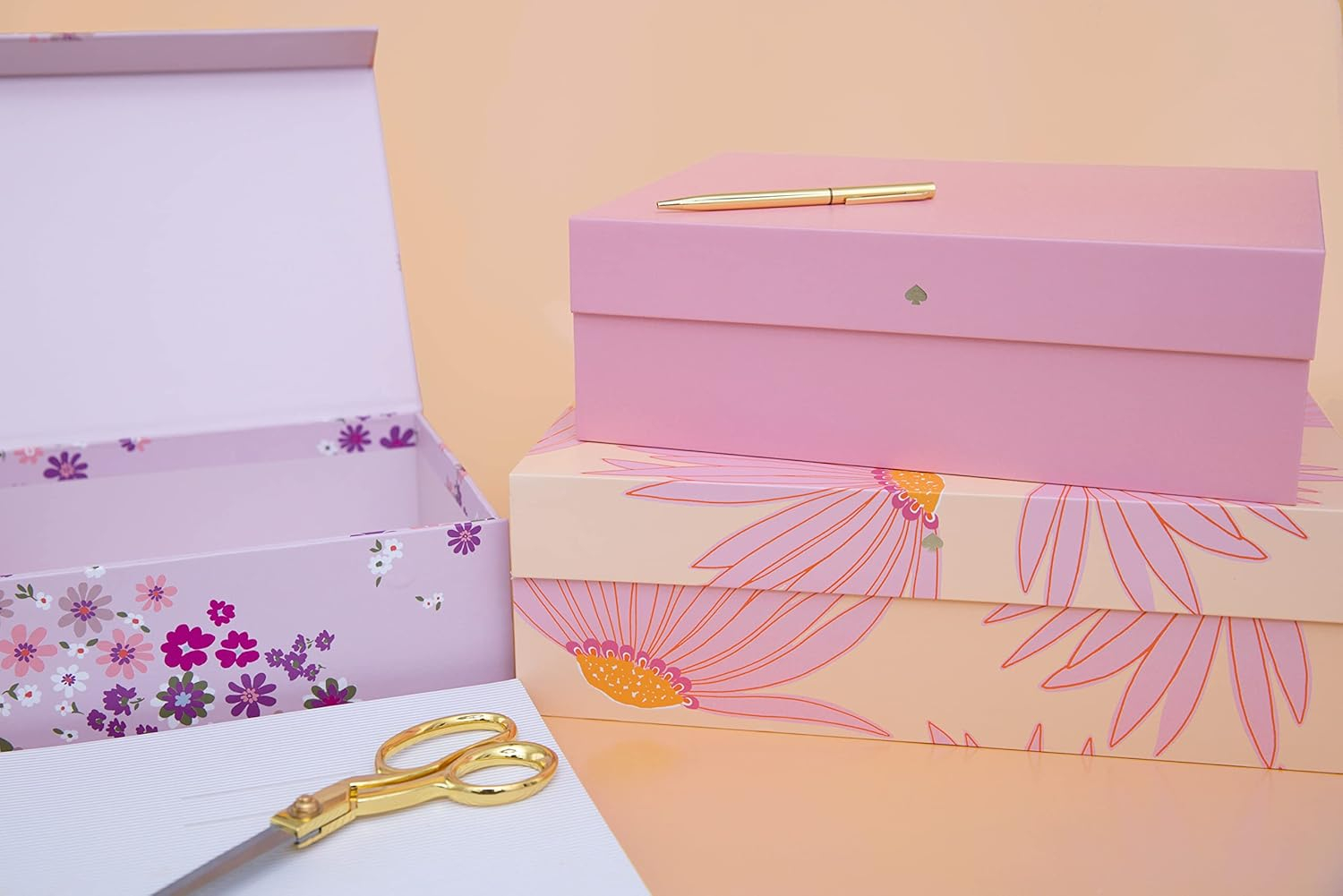 Kate Spade New York Decorative Storage Boxes with Lids, 3 Pack Sturdy Organizer Storage Bins, Includes Small Medium Large Pink Nesting Boxes with Magnetic Closure, Falling Flower