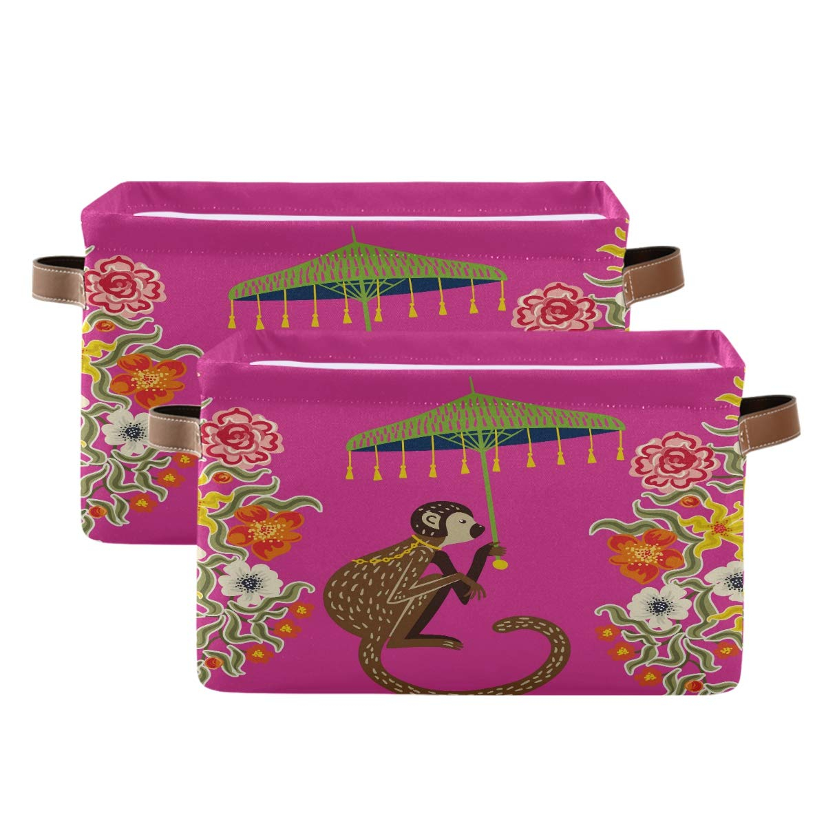 Storage Basket Cube Vintage Monkey Chinoiserie Umbrella Large Collapsible Toys Storage Box Bin Laundry Organizer for Closet Shelf Nursery Kids Bedroom,15x11x9.5 in,2 Pack